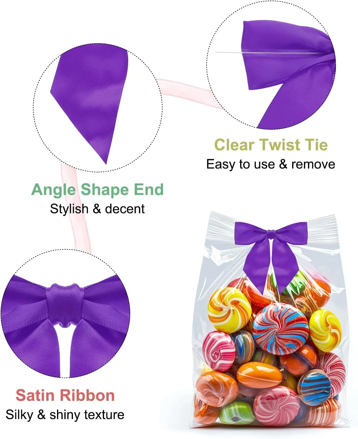 MECCANIXITY 50 Pcs Pre-Tied Bows Satin Ribbon Bows 4.5" Twist Ties Gift Bows for Craft DIY Candy Bags Christmas Wedding Decor Party Treat Bags Deep Purple