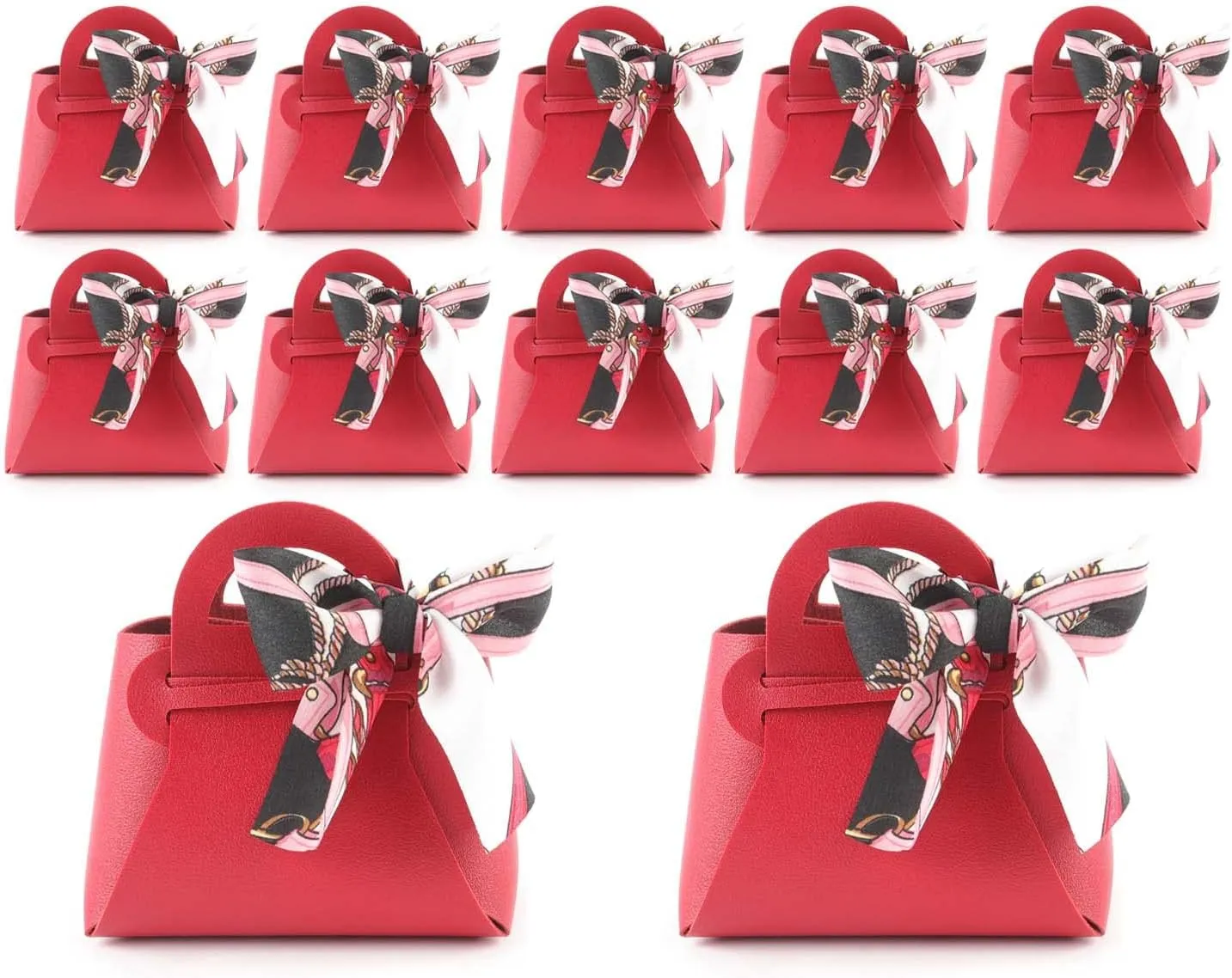 MEIKLE 12 Pack PU Leather Ribbon Candy Gift Bags Wedding Candy Box Birthday Party Favor Bags for Baby Showers Christmas Halloween (Burgundy,12pcs)