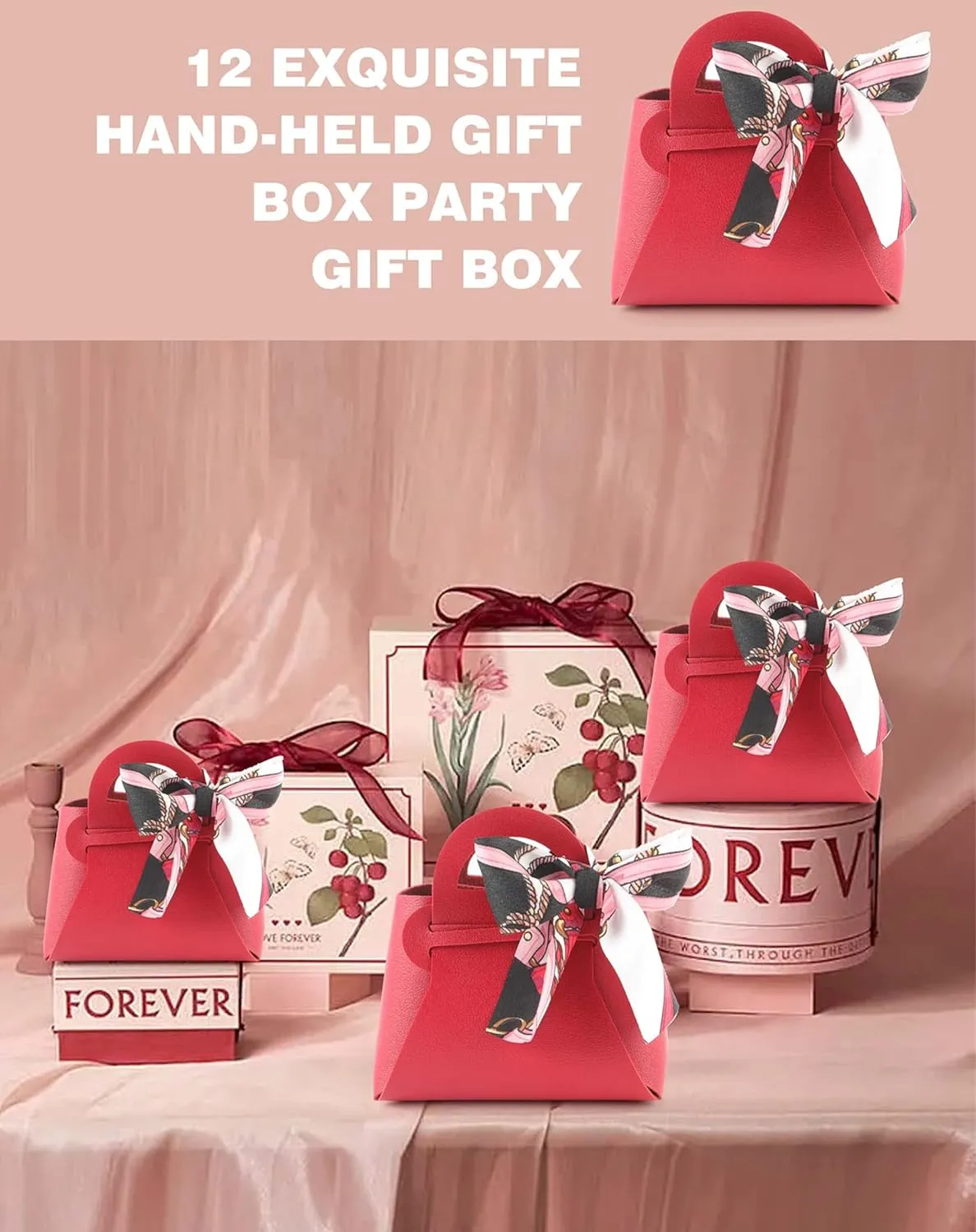 MEIKLE 12 Pack PU Leather Ribbon Candy Gift Bags Wedding Candy Box Birthday Party Favor Bags for Baby Showers Christmas Halloween (Burgundy,12pcs)