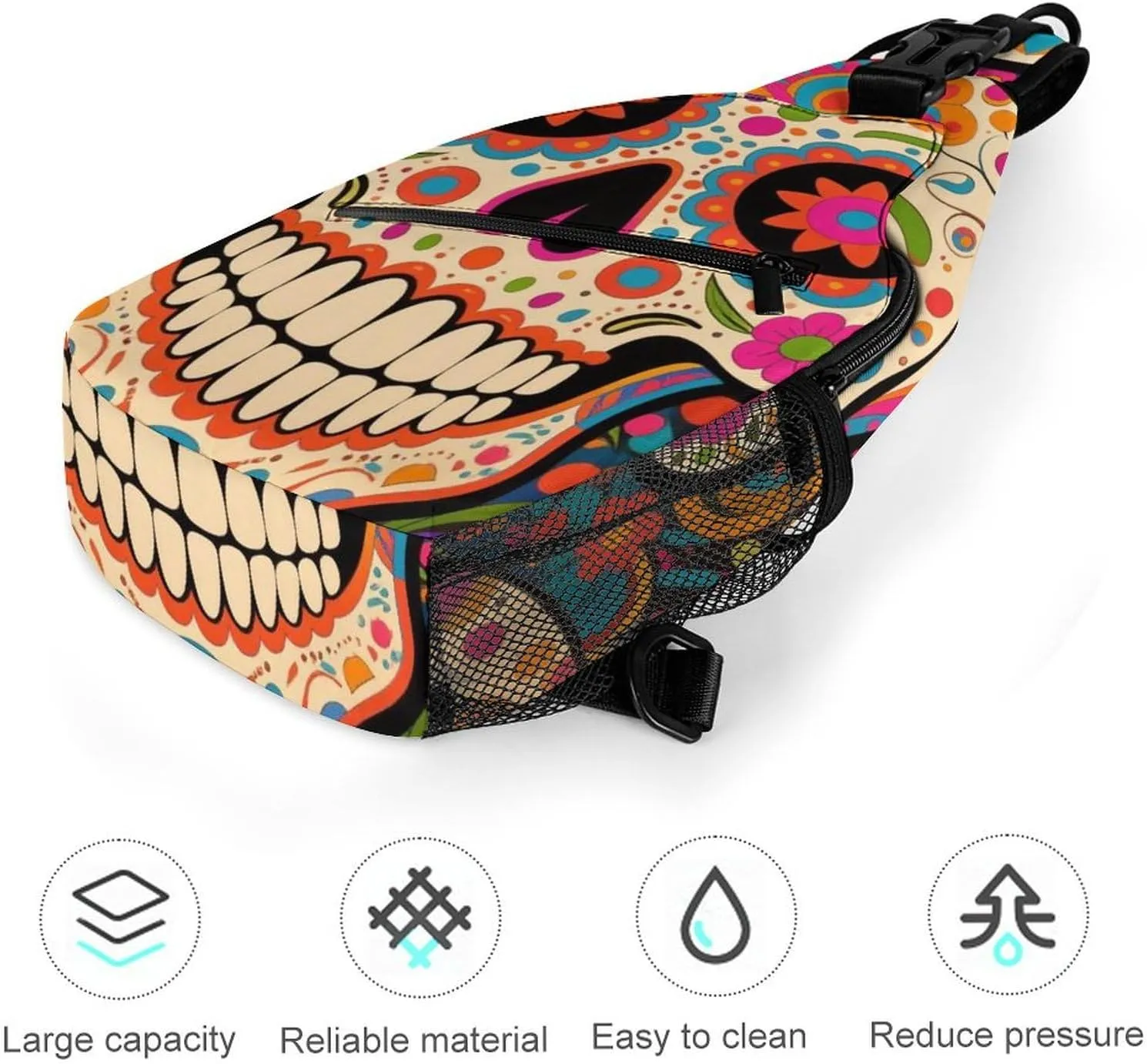Men Sling Backpack Collapsible Durable Shoulder Crossbody Bag Chest Pack - Mexican Sugar Skull Flower Art Anti-Theft Multipurpose Daypack Bag With Adjustable Shoulder Strap
