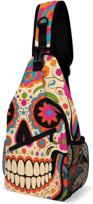 Men Sling Backpack Collapsible Durable Shoulder Crossbody Bag Chest Pack - Mexican Sugar Skull Flower Art Anti-Theft Multipurpose Daypack Bag With Adjustable Shoulder Strap