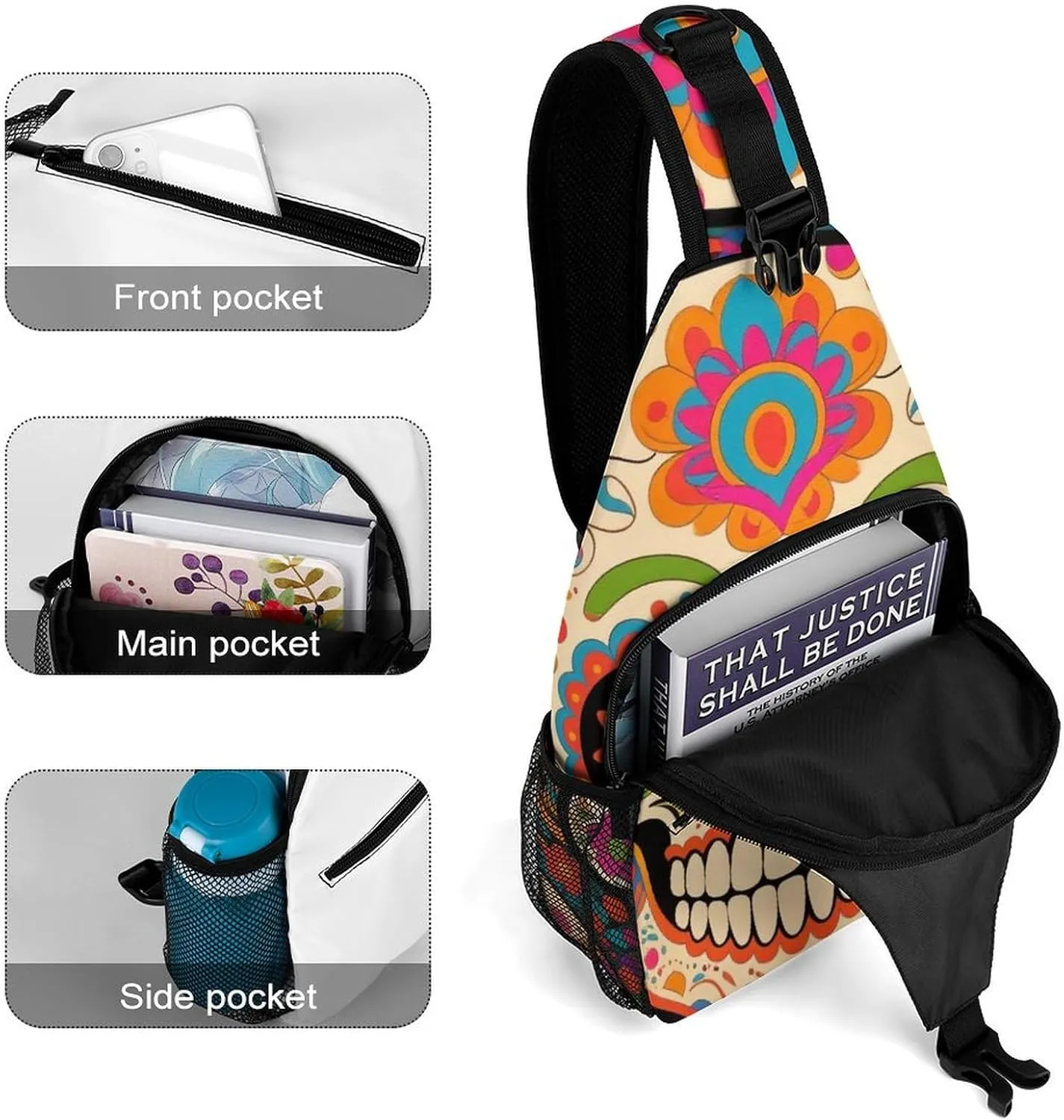 Men Sling Backpack Collapsible Durable Shoulder Crossbody Bag Chest Pack - Mexican Sugar Skull Flower Art Anti-Theft Multipurpose Daypack Bag With Adjustable Shoulder Strap