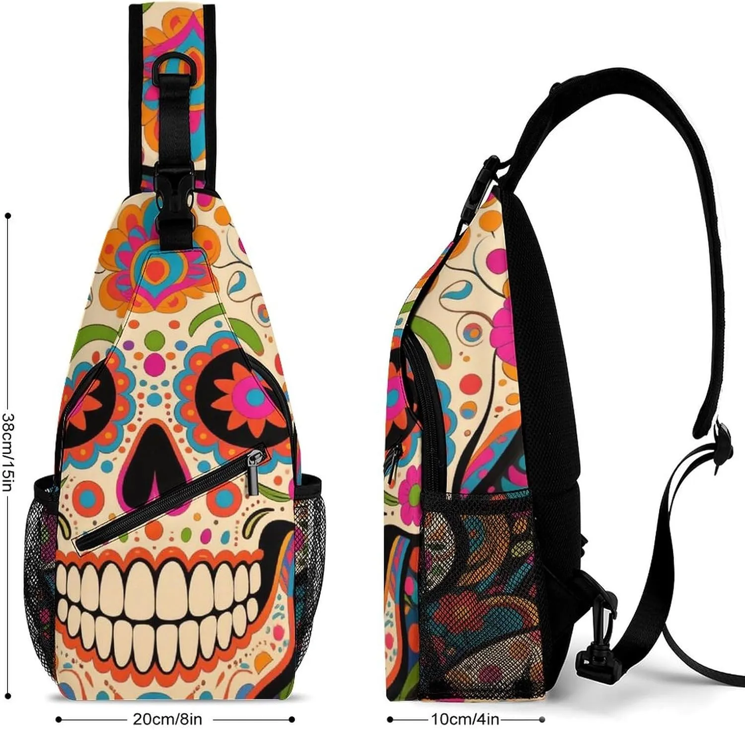 Men Sling Backpack Collapsible Durable Shoulder Crossbody Bag Chest Pack - Mexican Sugar Skull Flower Art Anti-Theft Multipurpose Daypack Bag With Adjustable Shoulder Strap
