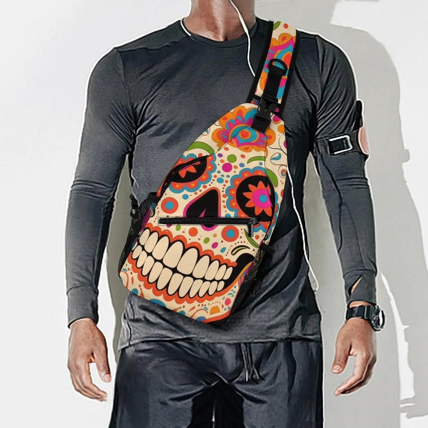 Men Sling Backpack Collapsible Durable Shoulder Crossbody Bag Chest Pack - Mexican Sugar Skull Flower Art Anti-Theft Multipurpose Daypack Bag With Adjustable Shoulder Strap