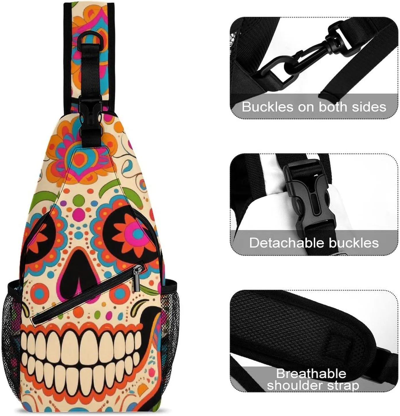 Men Sling Backpack Collapsible Durable Shoulder Crossbody Bag Chest Pack - Mexican Sugar Skull Flower Art Anti-Theft Multipurpose Daypack Bag With Adjustable Shoulder Strap