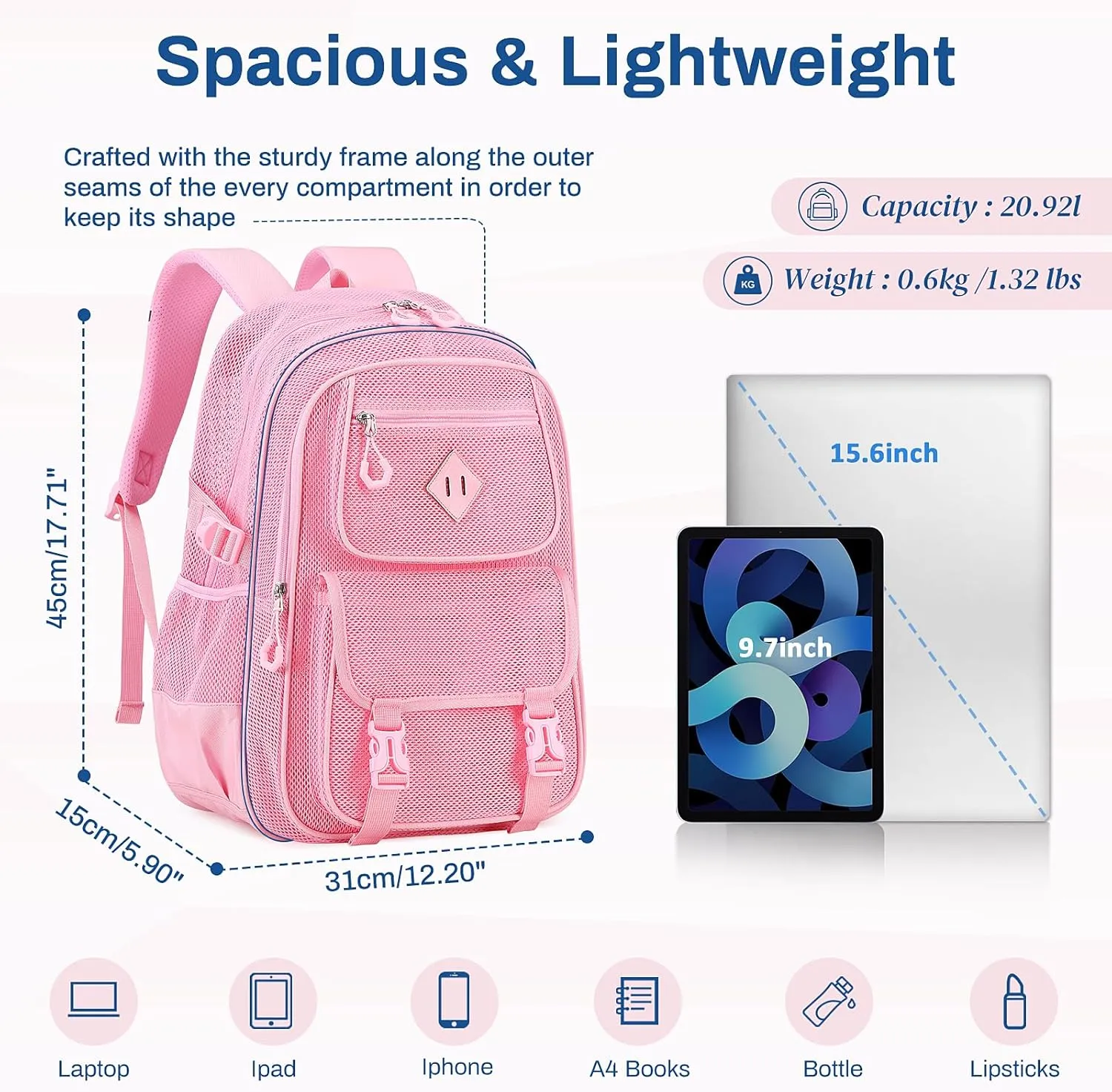 Mesh Backpack, Heavy Duty Net Bookbag Ultra-Lightweight See Through Backpack Breathable Transparent Backpack Clear Bag for School Beach Sports Gym, Pink