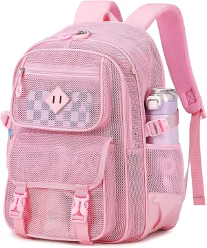 Mesh Backpack, Heavy Duty Net Bookbag Ultra-Lightweight See Through Backpack Breathable Transparent Backpack Clear Bag for School Beach Sports Gym, Pink