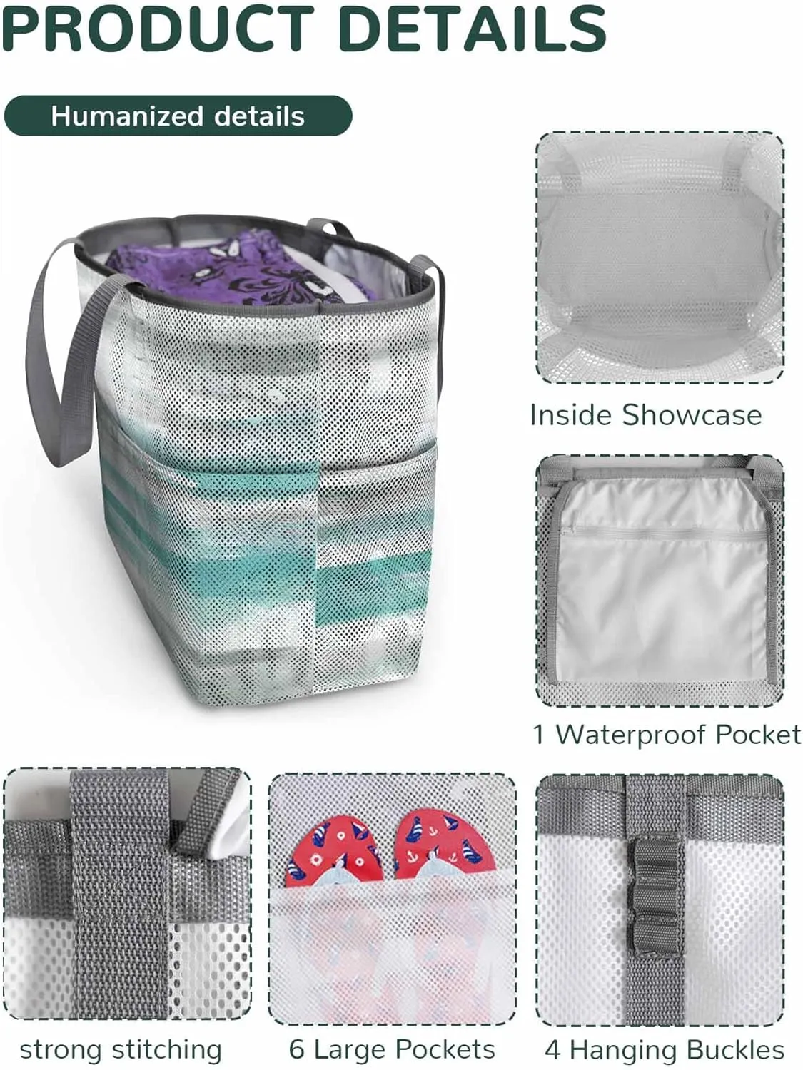 Mesh Beach Bag Oversized Tote Bags for Women Green White Texture Large Travel Pool Bags with 8 Pockets