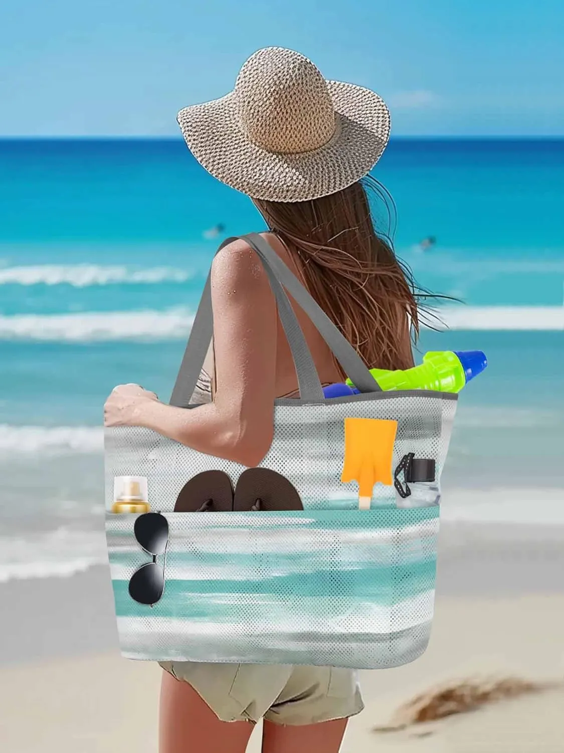 Mesh Beach Bag Oversized Tote Bags for Women Green White Texture Large Travel Pool Bags with 8 Pockets