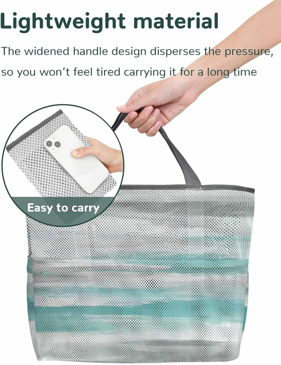 Mesh Beach Bag Oversized Tote Bags for Women Green White Texture Large Travel Pool Bags with 8 Pockets