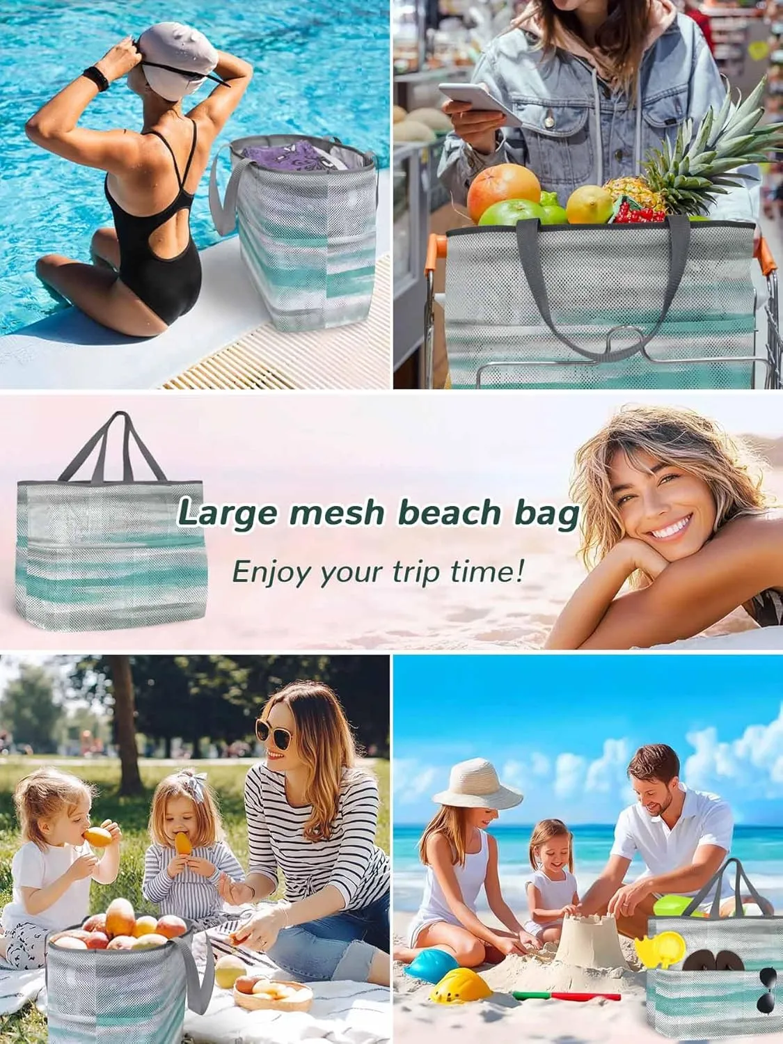 Mesh Beach Bag Oversized Tote Bags for Women Green White Texture Large Travel Pool Bags with 8 Pockets
