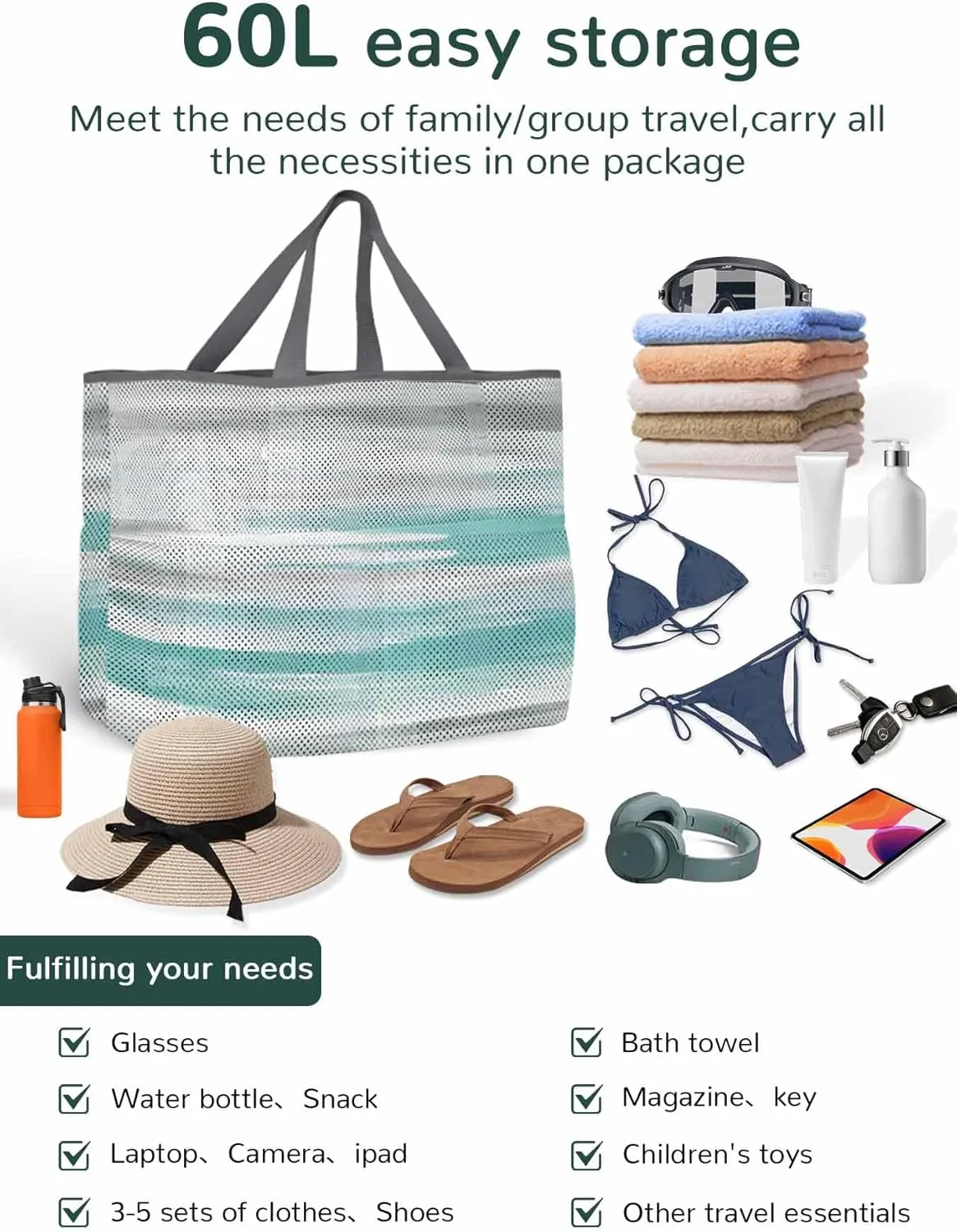 Mesh Beach Bag Oversized Tote Bags for Women Green White Texture Large Travel Pool Bags with 8 Pockets