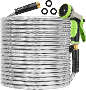 Metal Garden Hose 25ft Flexible Stainless Steel Water Hose Heavy Duty Lightweight Strong Durable Kink Free Long Hose Pipe with 10 Function Nozzle for Outdoor Yard