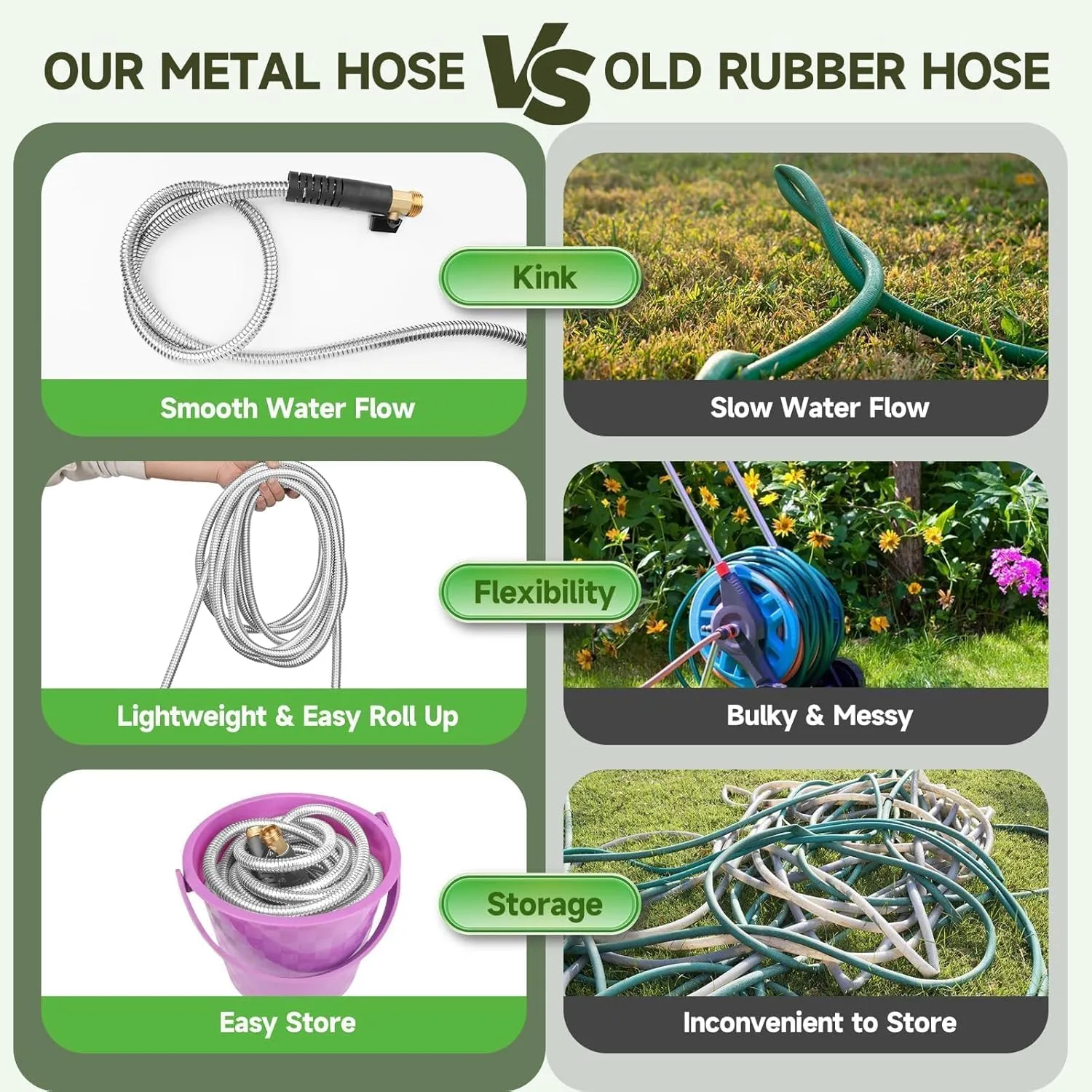 Metal Garden Hose 50ft Flexible Stainless Steel Water Hose Heavy Duty Lightweight Strong Durable Kink Free Long Hose Pipe with 10 Function Nozzle for Outdoor Yard