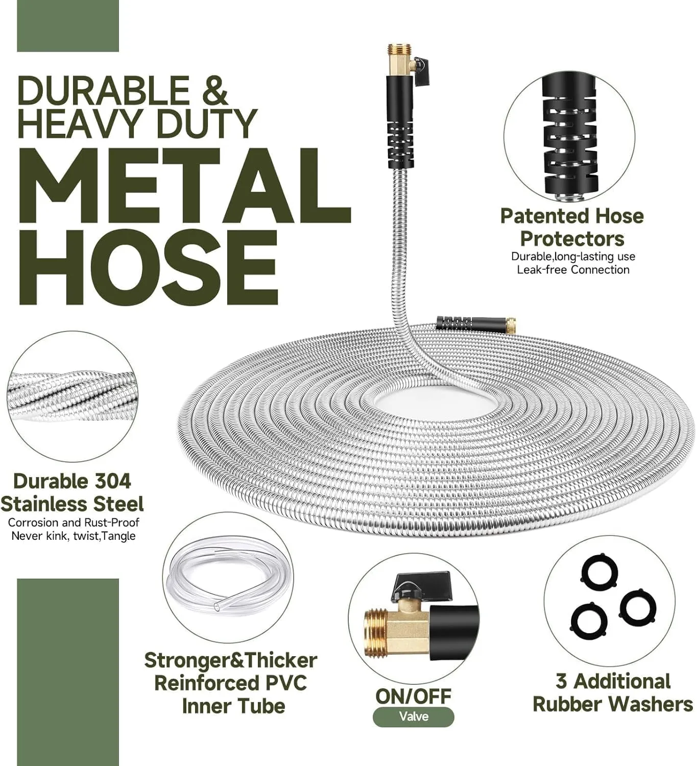 Metal Garden Hose 50ft Flexible Stainless Steel Water Hose Heavy Duty Lightweight Strong Durable Kink Free Long Hose Pipe with 10 Function Nozzle for Outdoor Yard