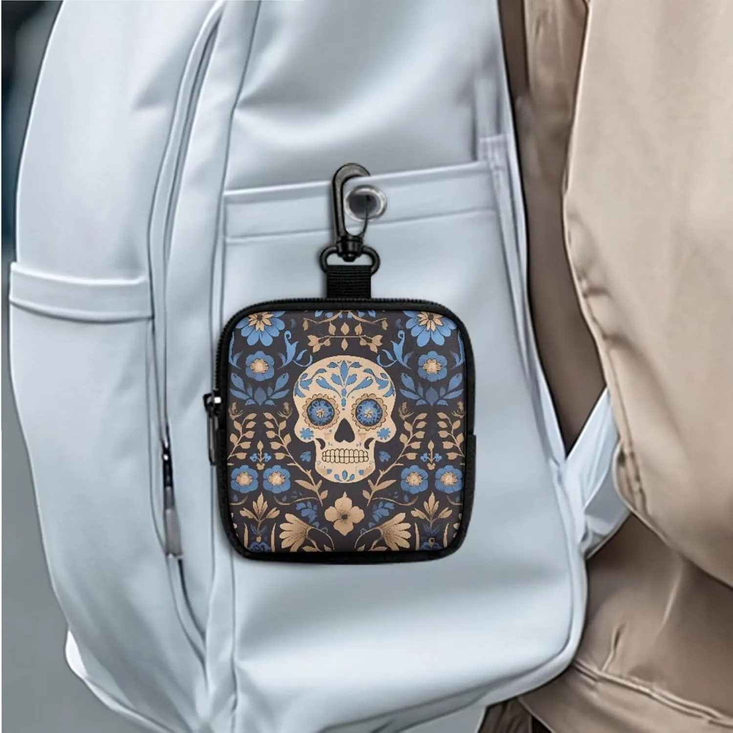 Mexican Candy Skull Mini Keychain Wristlet Pouch Day Of The Dead Skulls Print Small Change Coin Purse, Mexico Folk Skull Floral Little Change Wallet Portable Storage Bag