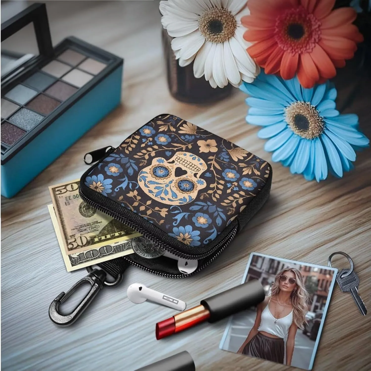 Mexican Candy Skull Mini Keychain Wristlet Pouch Day Of The Dead Skulls Print Small Change Coin Purse, Mexico Folk Skull Floral Little Change Wallet Portable Storage Bag