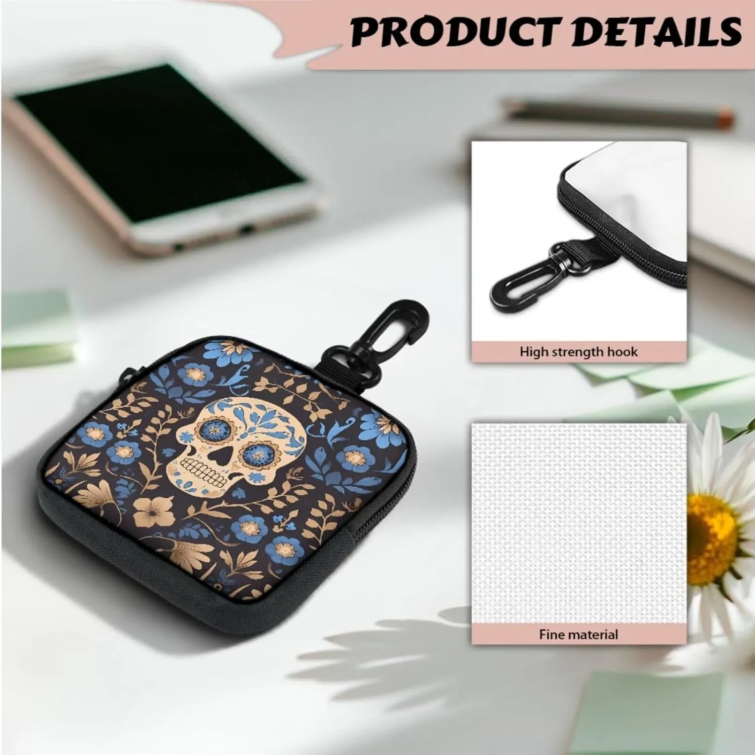 Mexican Candy Skull Mini Keychain Wristlet Pouch Day Of The Dead Skulls Print Small Change Coin Purse, Mexico Folk Skull Floral Little Change Wallet Portable Storage Bag