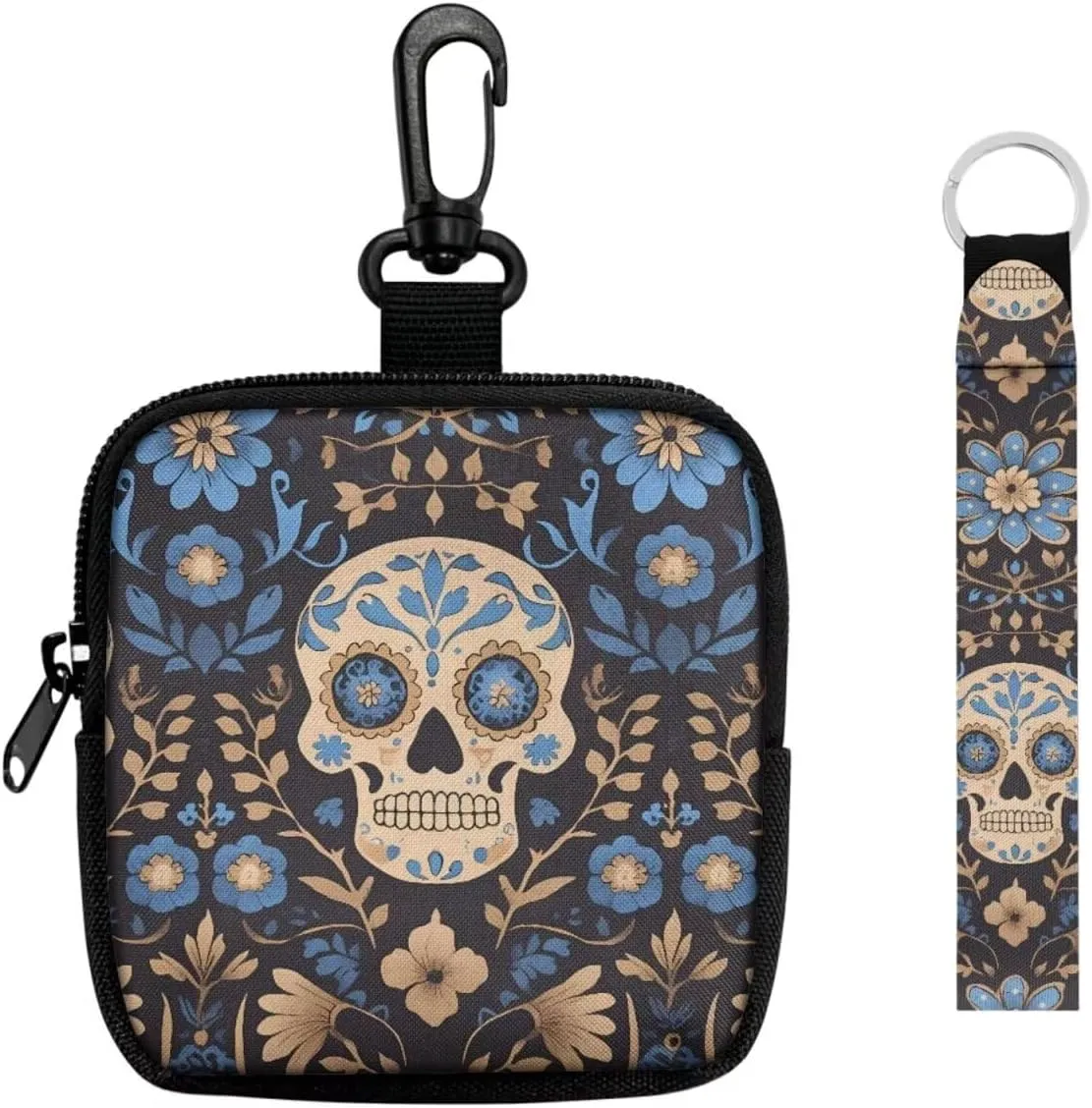 Mexican Candy Skull Mini Keychain Wristlet Pouch Day Of The Dead Skulls Print Small Change Coin Purse, Mexico Folk Skull Floral Little Change Wallet Portable Storage Bag