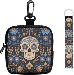 Mexican Candy Skull Mini Keychain Wristlet Pouch Day Of The Dead Skulls Print Small Change Coin Purse, Mexico Folk Skull Floral Little Change Wallet Portable Storage Bag