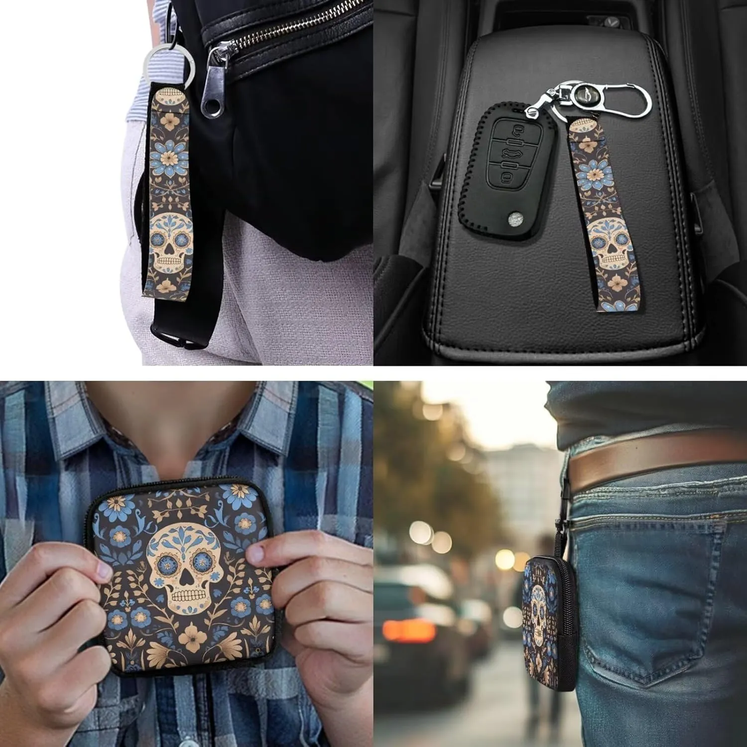 Mexican Candy Skull Mini Keychain Wristlet Pouch Day Of The Dead Skulls Print Small Change Coin Purse, Mexico Folk Skull Floral Little Change Wallet Portable Storage Bag