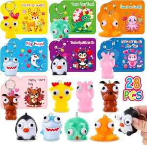 MGparty 28 Pack Valentine‘s Day Popping Eye Toy with Cards, Bulk Animal Fidget Toy Keychains for Kids School Classroom Valentines Exchange Gifts