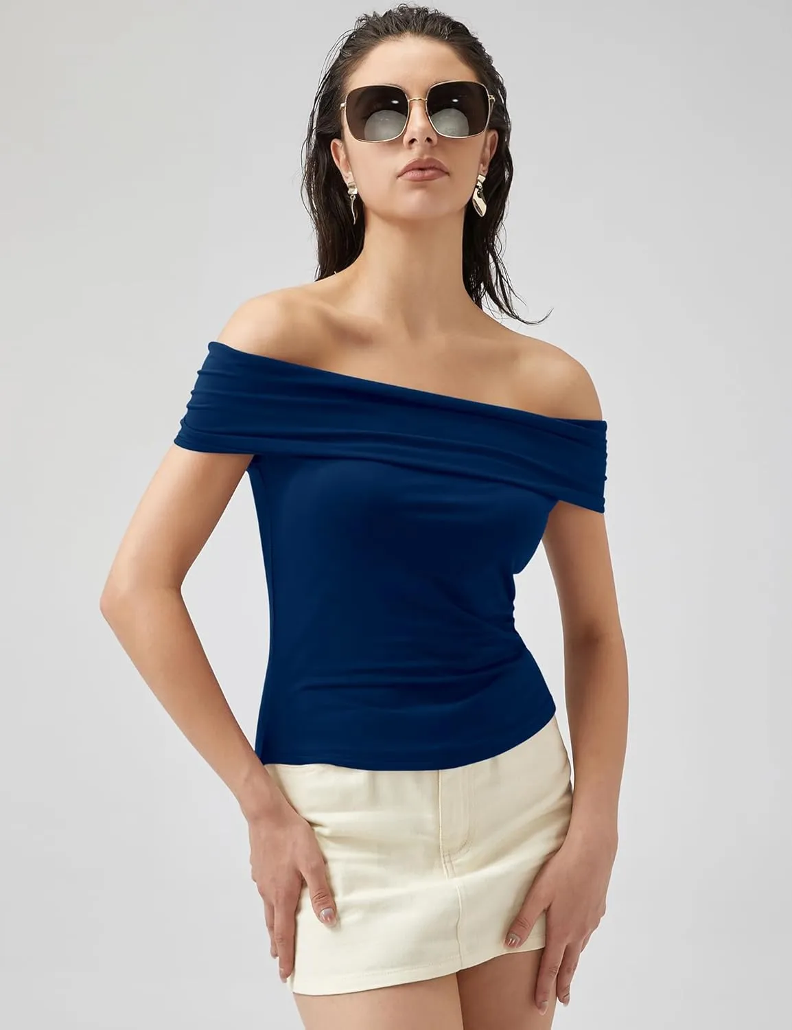 Micoson Womens Off The Shoulder Tops Boat Neck Twist Sleeveless Shirts Going Out Top Slim Fit Summer T-Shirt Y2K Clothing
