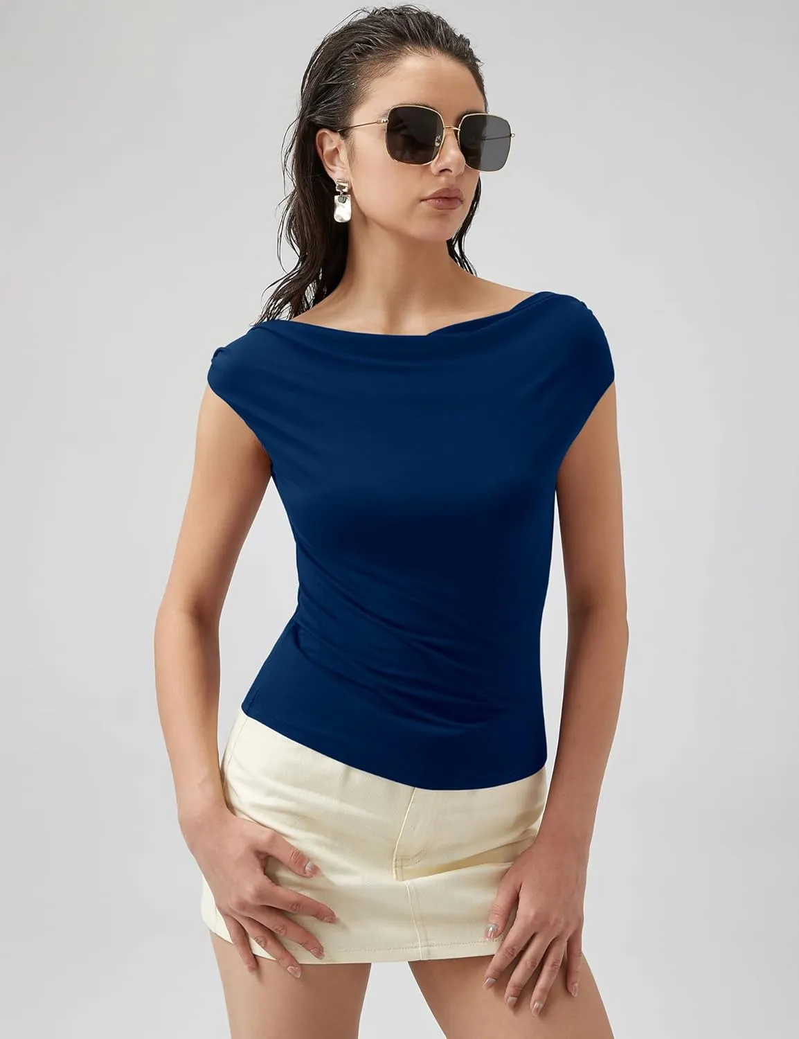 Micoson Womens Off The Shoulder Tops Boat Neck Twist Sleeveless Shirts Going Out Top Slim Fit Summer T-Shirt Y2K Clothing