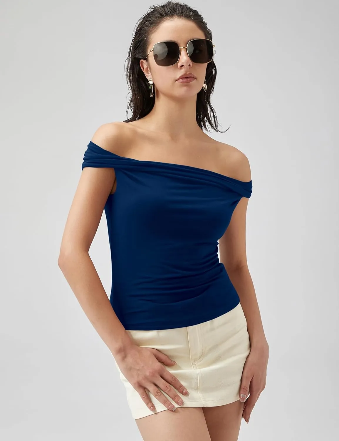 Micoson Womens Off The Shoulder Tops Boat Neck Twist Sleeveless Shirts Going Out Top Slim Fit Summer T-Shirt Y2K Clothing