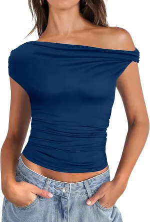 Micoson Womens Off The Shoulder Tops Boat Neck Twist Sleeveless Shirts Going Out Top Slim Fit Summer T-Shirt Y2K Clothing