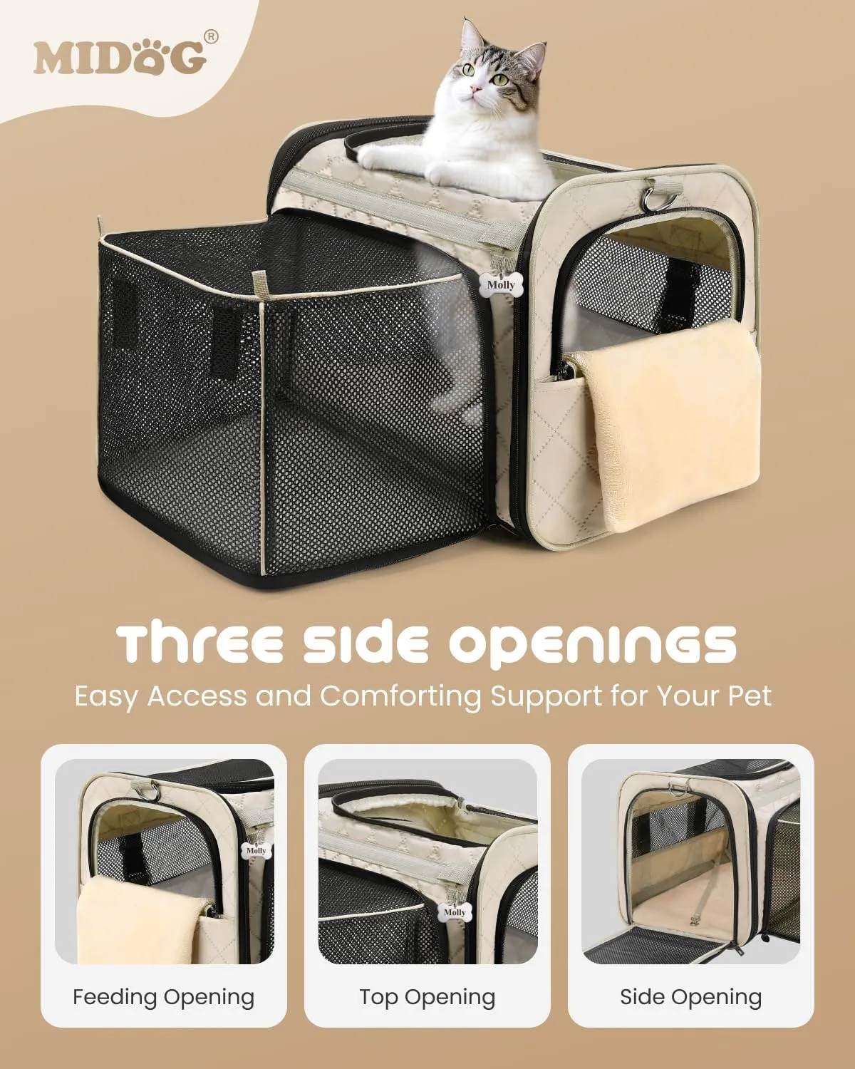 MIDOG Cat Carrier for Small to Medium-Sized Cats,Up to 15 Lbs, TSA Airline Approved Soft Sided Pet Carrier,Collapsible Travel Cat Bag(Beige)