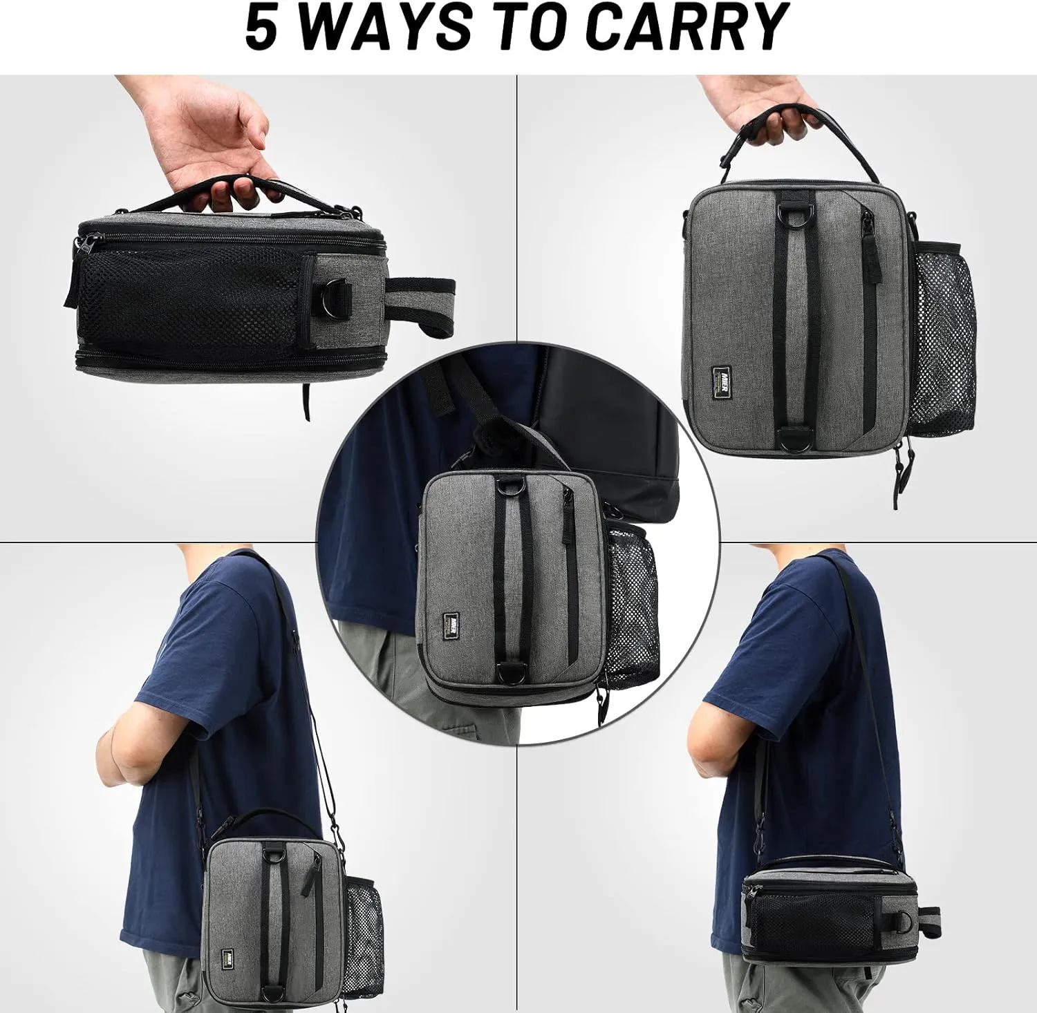 MIER Expandable Lunch Bag Insulated Lunch Box for Men to Work Travel Portable Lunchbox Bags with Shoulder Strap and Water Bottle Holder, Grey