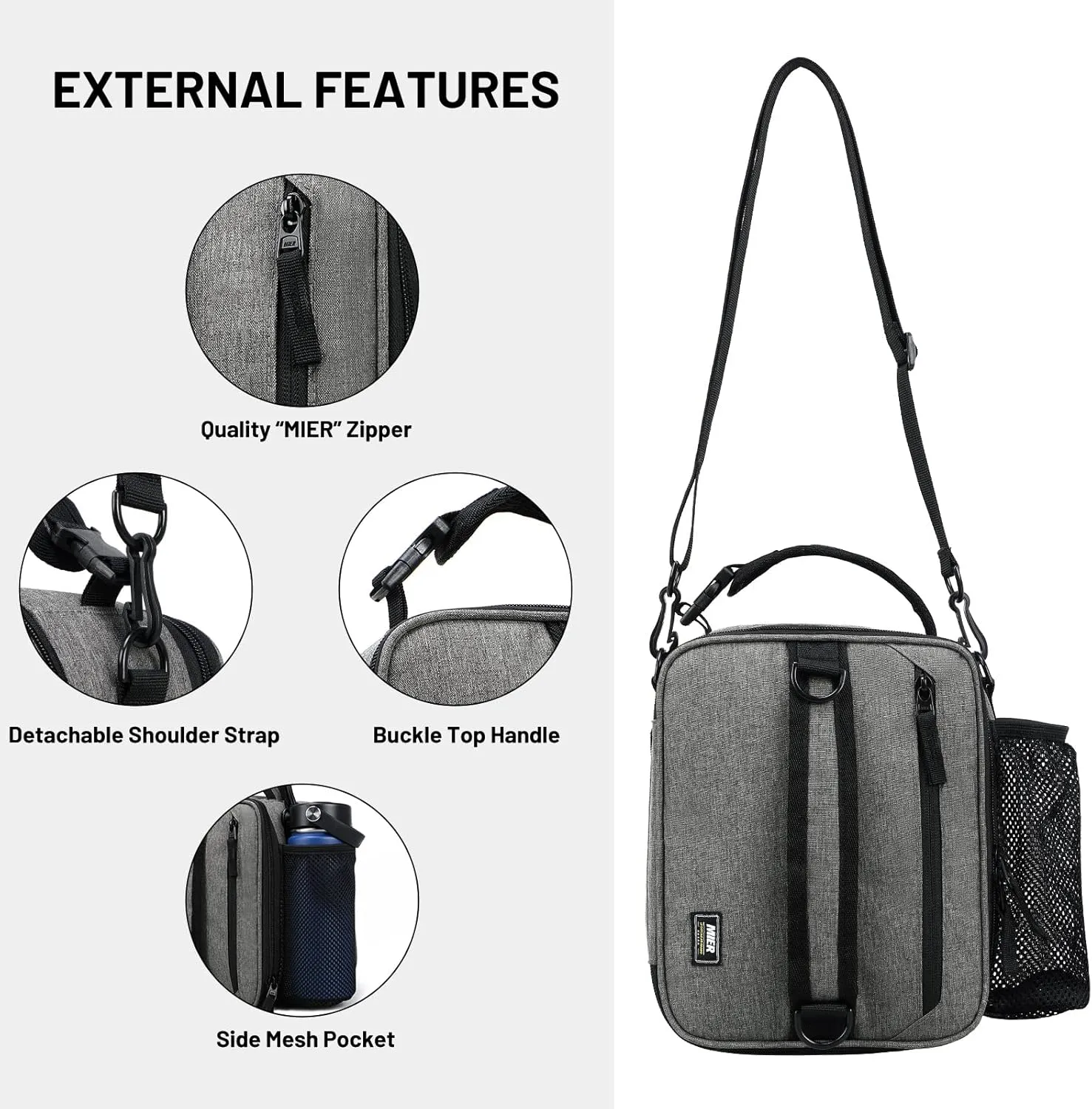 MIER Expandable Lunch Bag Insulated Lunch Box for Men to Work Travel Portable Lunchbox Bags with Shoulder Strap and Water Bottle Holder, Grey