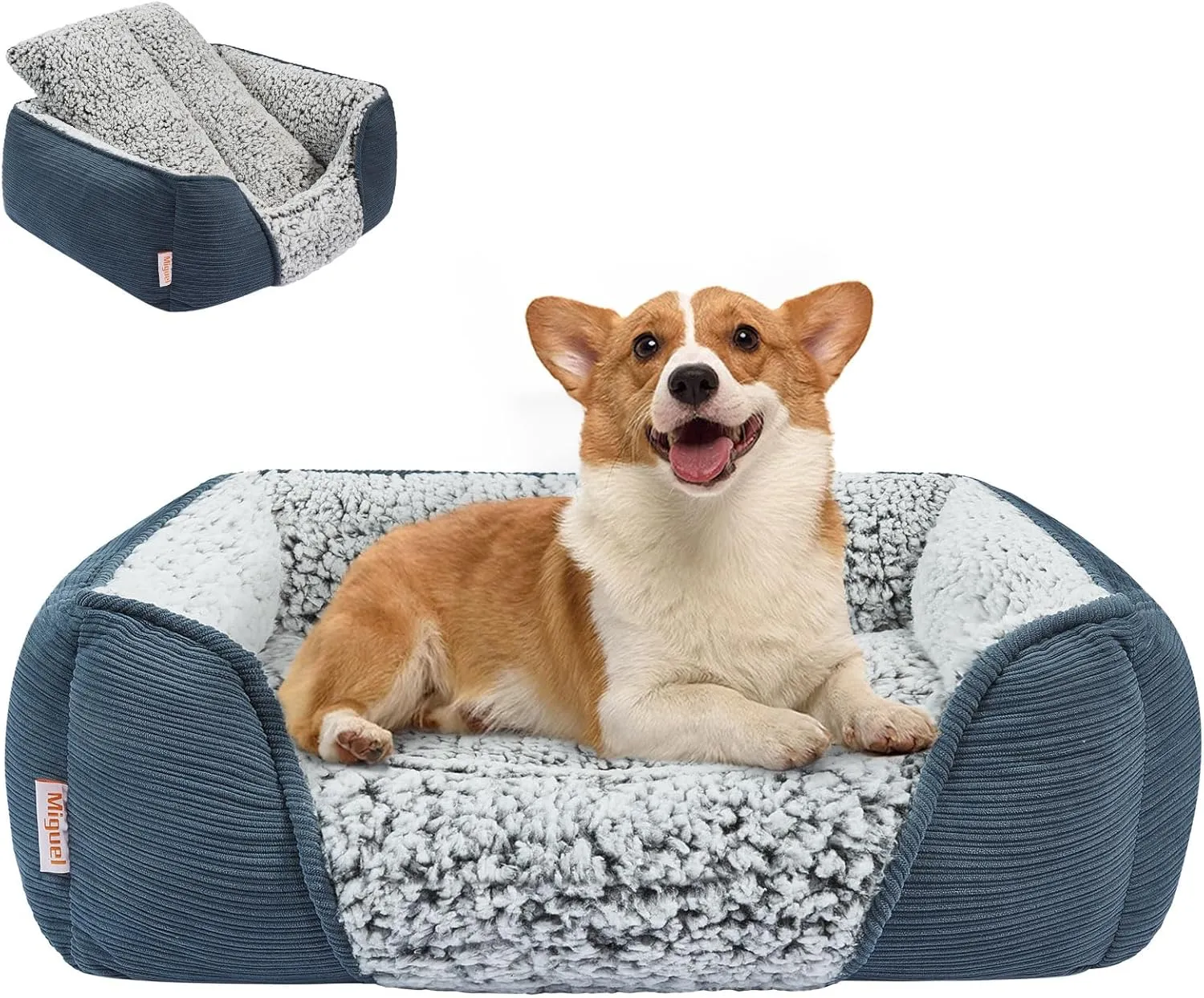 Miguel Washable Dog Bed with Removable Cushion for Medium Small Dogs, Easy to Wash Pet Sofa Bed with Side, Rectangle Bolster Cat Bed Calming Cuddle Puppy Bed with Anti-Slip Bottom, Blue 30 Inch