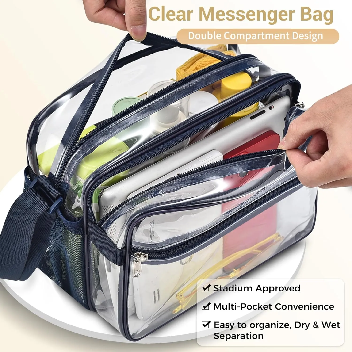 Mildbeer 2-Compartment Clear Stadium Messenger Bag for Concerts, Games & Events