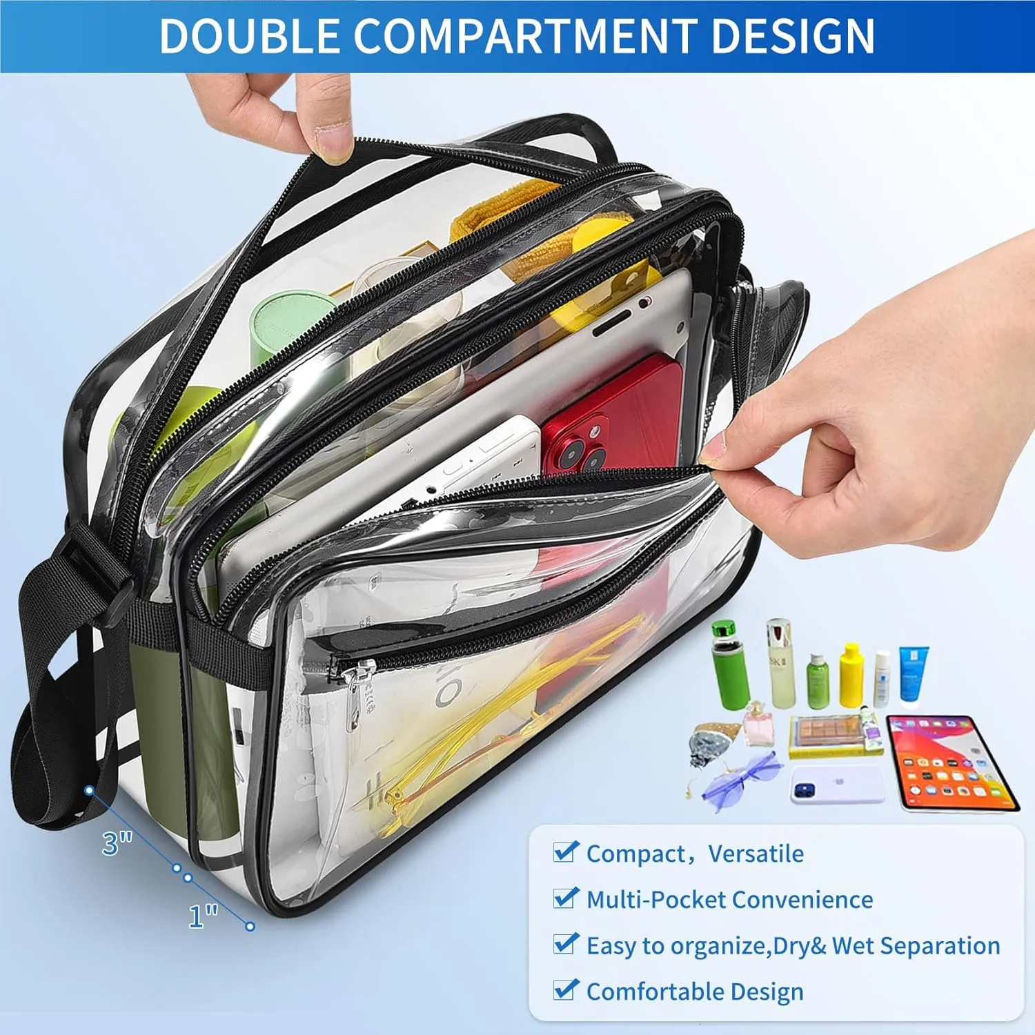 Mildbeer Clear Messenger Bag with 2 Compartments, Clear Crossbody Tote Bag for Stadium Events Concerts Festivals