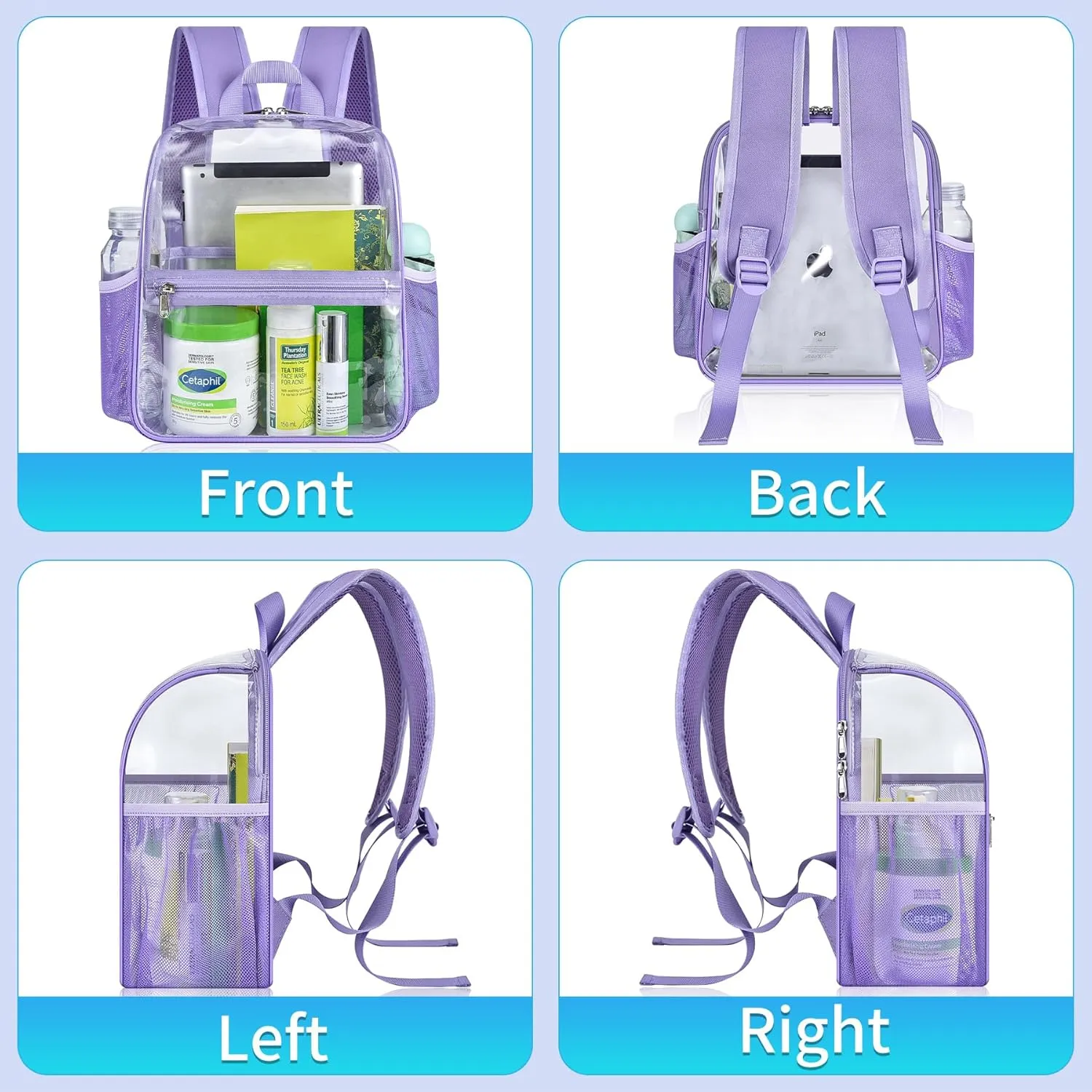 Mildbeer Small Clear Backpack, Stadium Approved 12x12x6 Clear Backpack for Women with 2 Bottle Holders for Festival Concert Sports Events