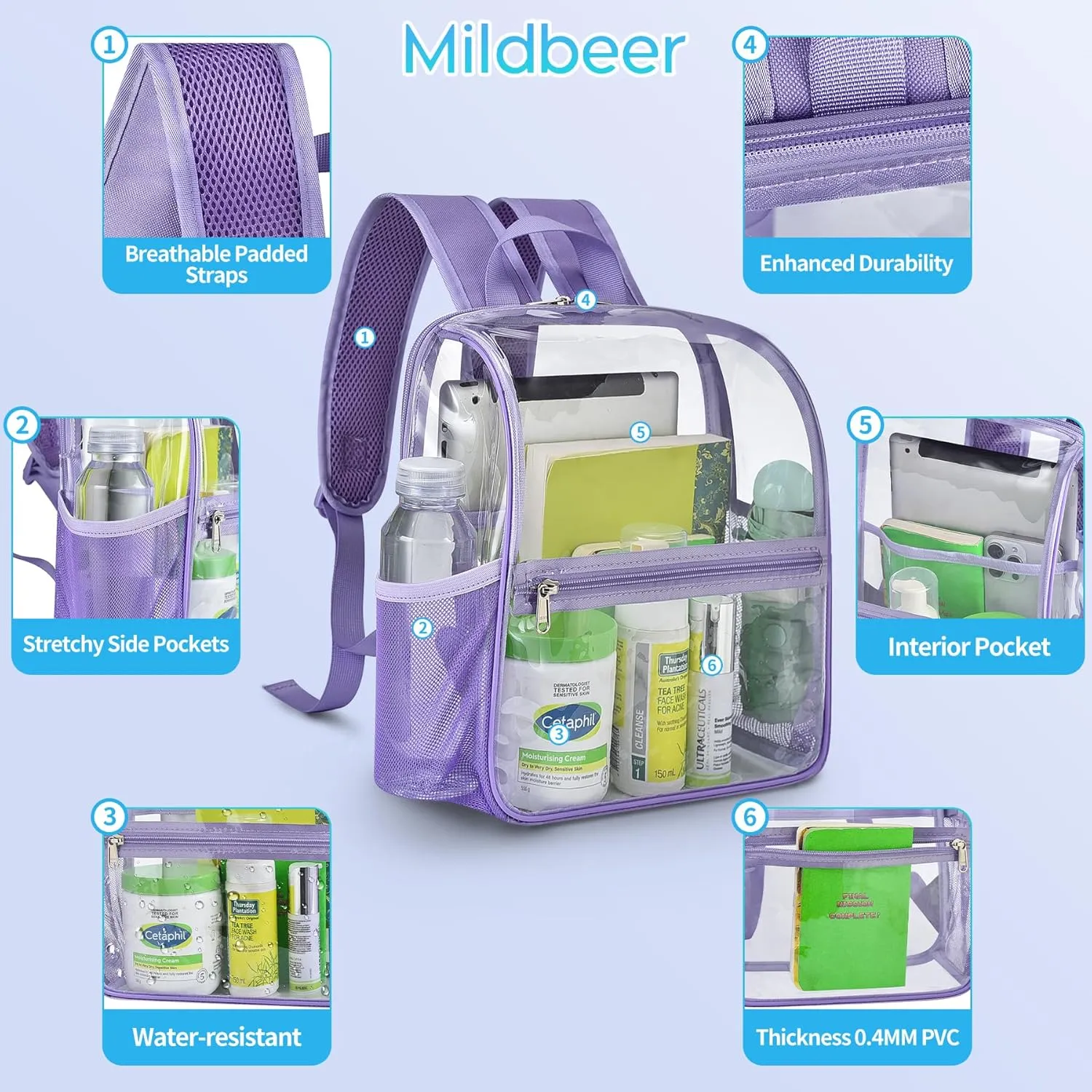 Mildbeer Small Clear Backpack, Stadium Approved 12x12x6 Clear Backpack for Women with 2 Bottle Holders for Festival Concert Sports Events