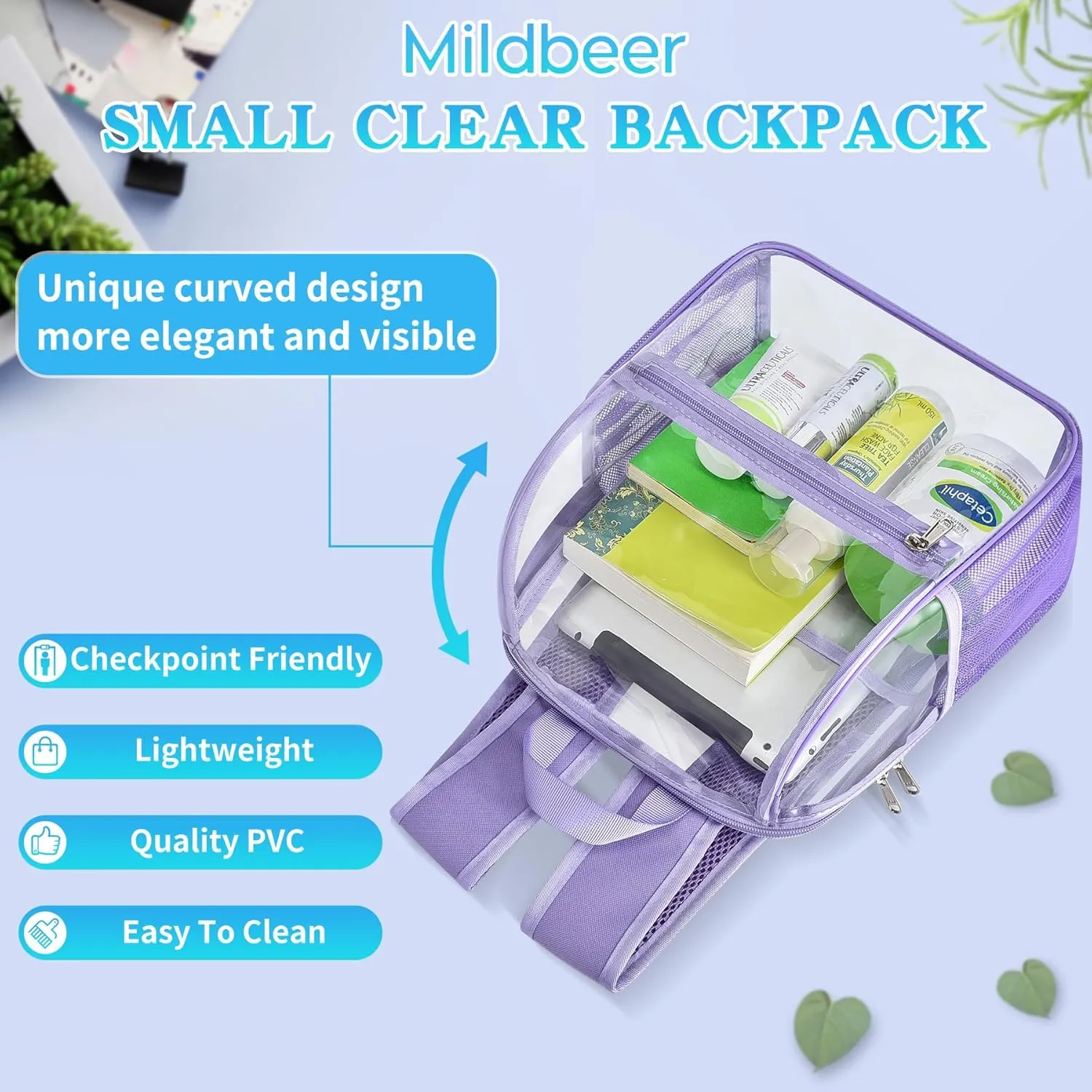 Mildbeer Small Clear Backpack, Stadium Approved 12x12x6 Clear Backpack for Women with 2 Bottle Holders for Festival Concert Sports Events