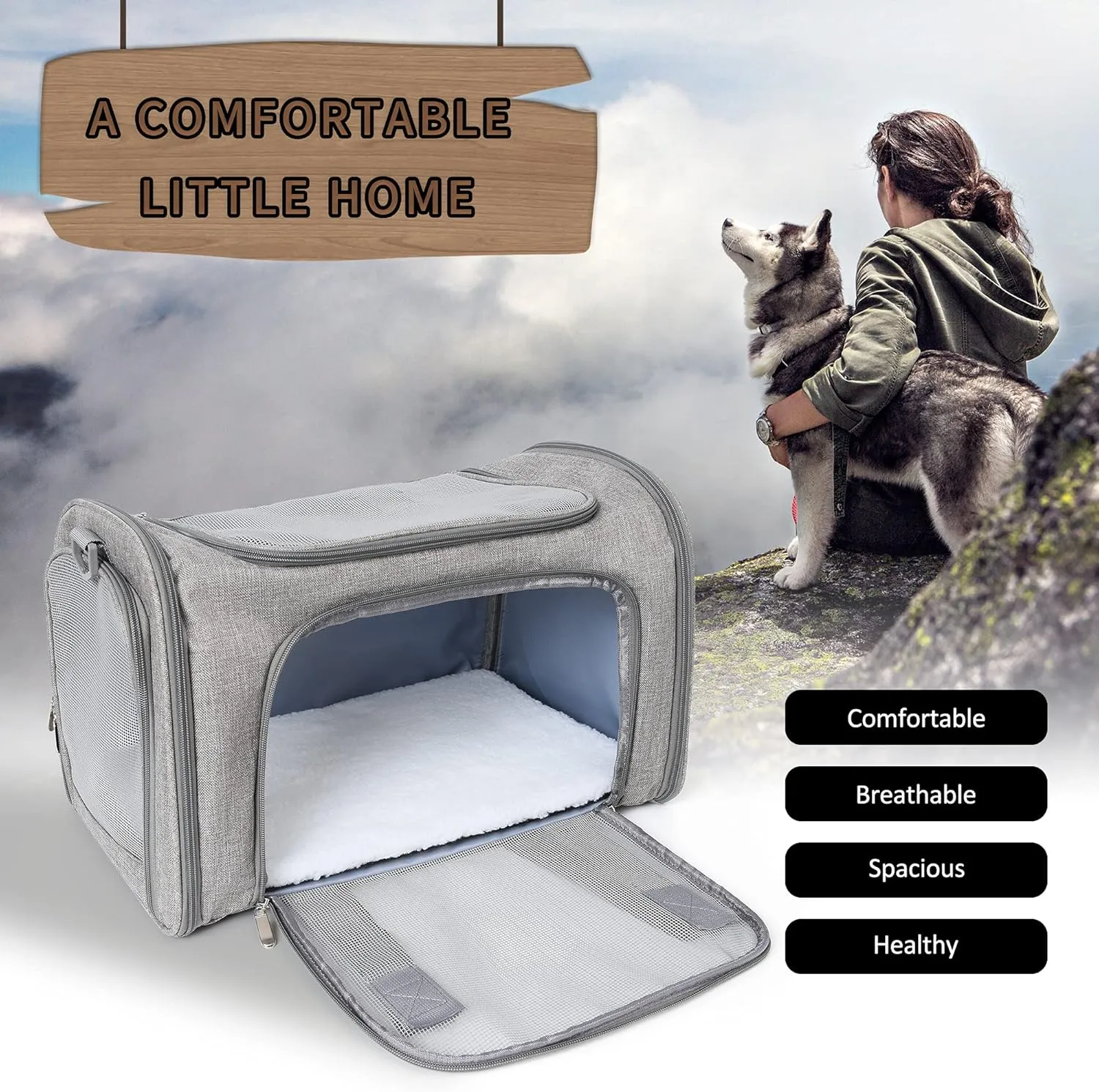 Mile High Life | Outdoor Travel Pet Carrier | Kitty Puppy Cat Carriers | Collapsible Dog Carrier for Small Medium Dogs | Cat Crates w Breathable Mesh with Soft-Sided (Grey, Large)