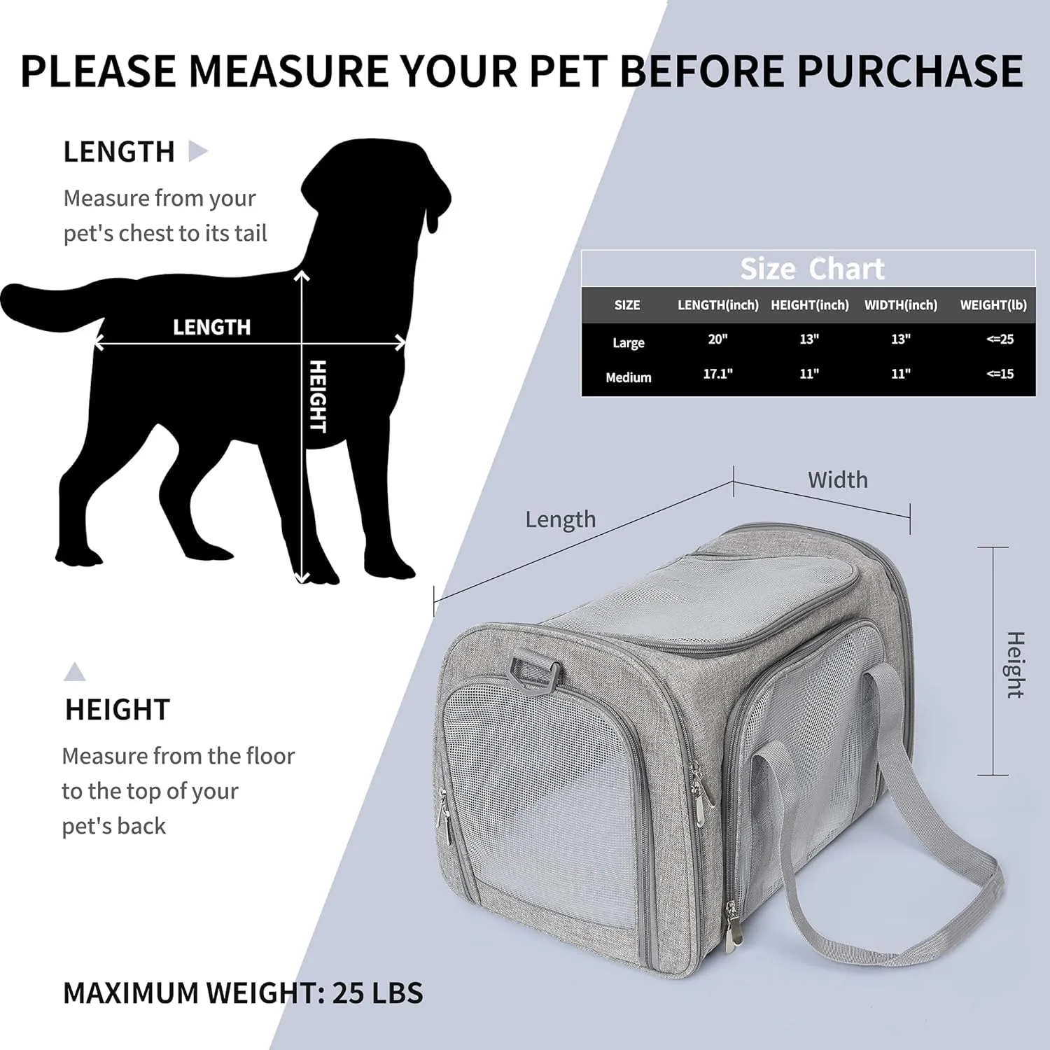 Mile High Life | Outdoor Travel Pet Carrier | Kitty Puppy Cat Carriers | Collapsible Dog Carrier for Small Medium Dogs | Cat Crates w Breathable Mesh with Soft-Sided (Grey, Large)