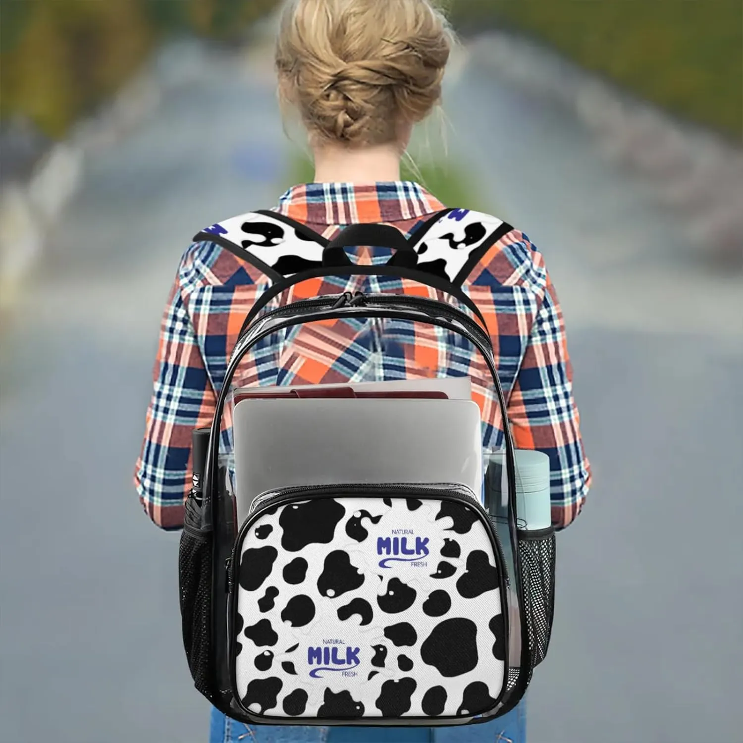 Milk White Black Clear Backpack for Stadium Events Heavy Duty Transparent Daypack PVC See Through Clear BookBag for for Women Men Adults Concerts Work Festival Sports Travel