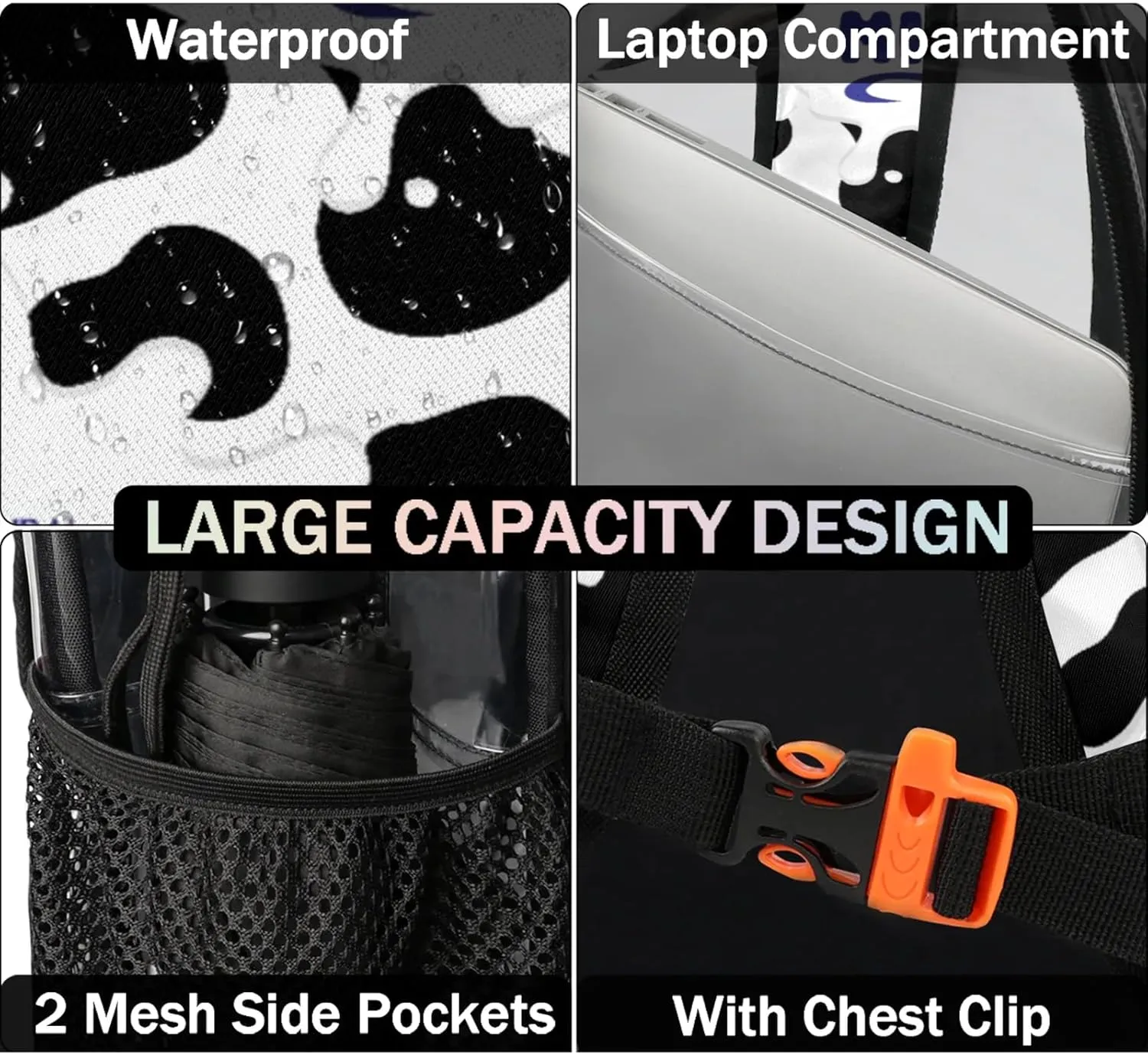 Milk White Black Clear Backpack for Stadium Events Heavy Duty Transparent Daypack PVC See Through Clear BookBag for for Women Men Adults Concerts Work Festival Sports Travel