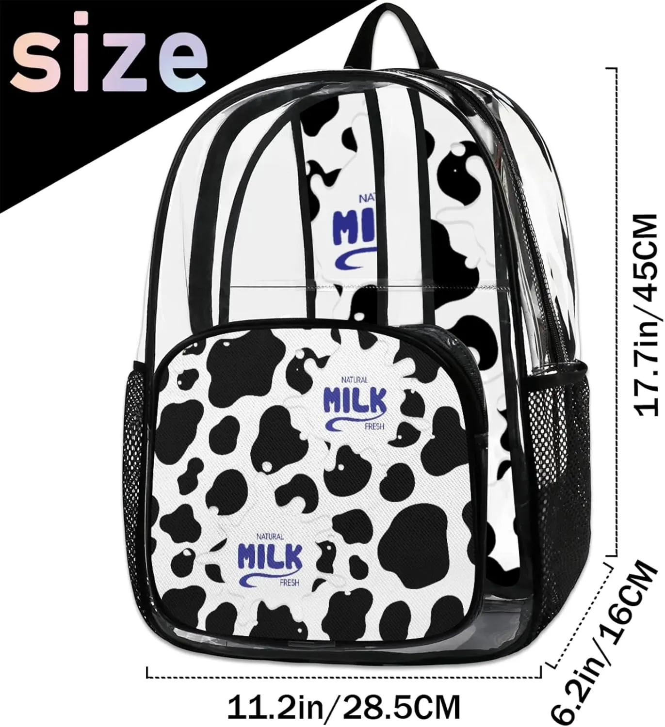 Milk White Black Clear Backpack for Stadium Events Heavy Duty Transparent Daypack PVC See Through Clear BookBag for for Women Men Adults Concerts Work Festival Sports Travel
