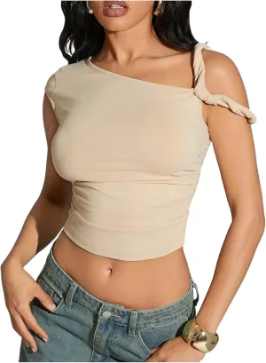 Milumia Women Asymmetrical Neck Tee Top Short Sleeve Slim Fitted Twisted Crop Tops