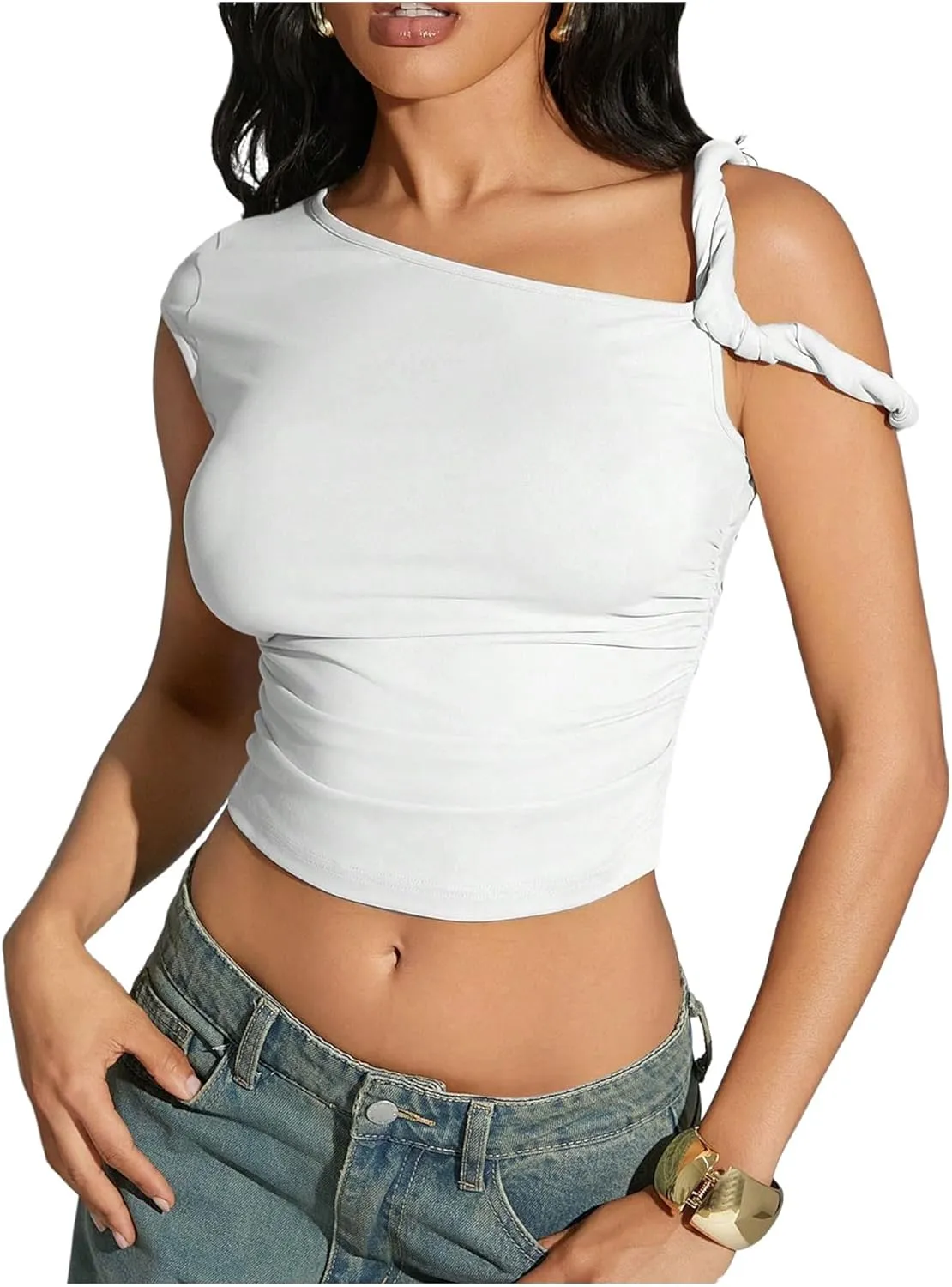 Milumia Women Asymmetrical Neck Tee Top Short Sleeve Slim Fitted Twisted Crop Tops