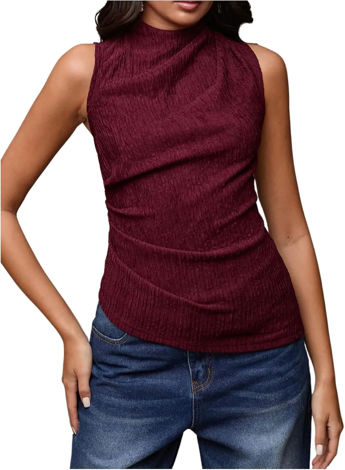 Milumia Women's Ruched Tank Top Mock Neck Sleeveless Asymmetrical Hem Slim Tops