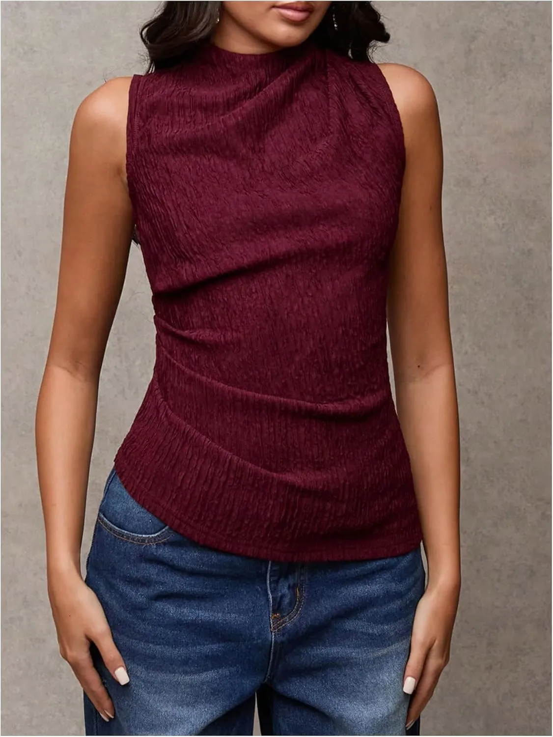 Milumia Women's Ruched Tank Top Mock Neck Sleeveless Asymmetrical Hem Slim Tops