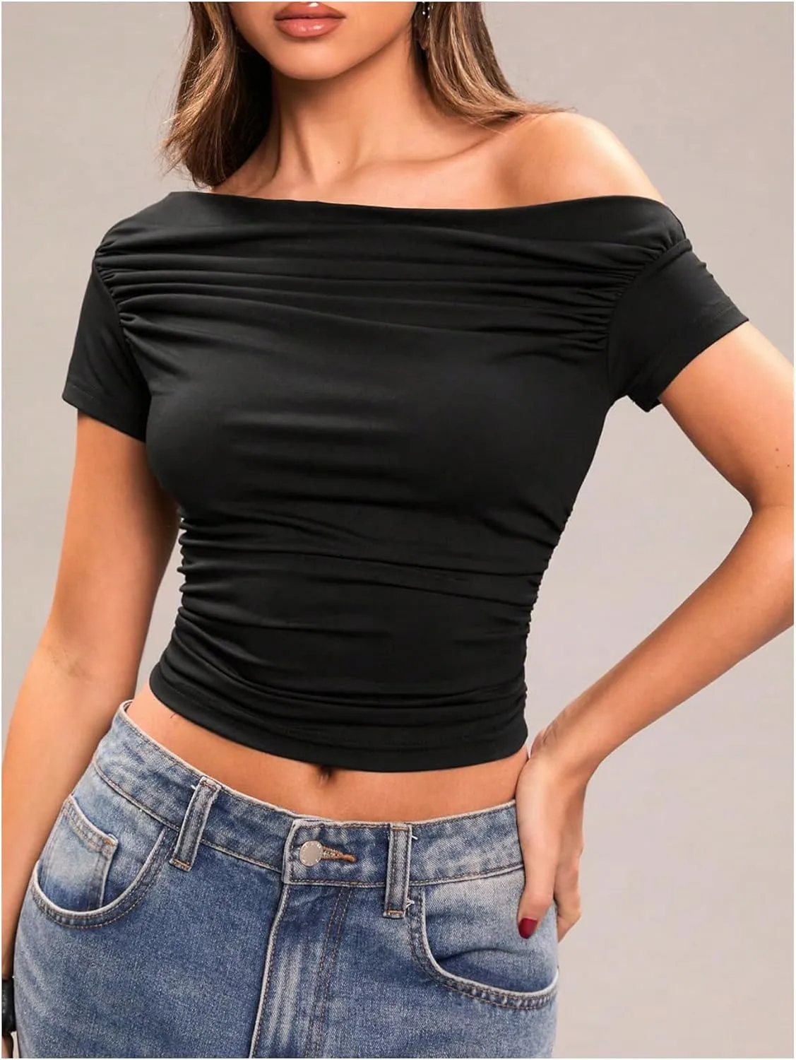 Milumia Women's Short Sleeve One Off The Shoulder Crop Tank Top Ruched Going Out Y2k Tight Fitted Shirts