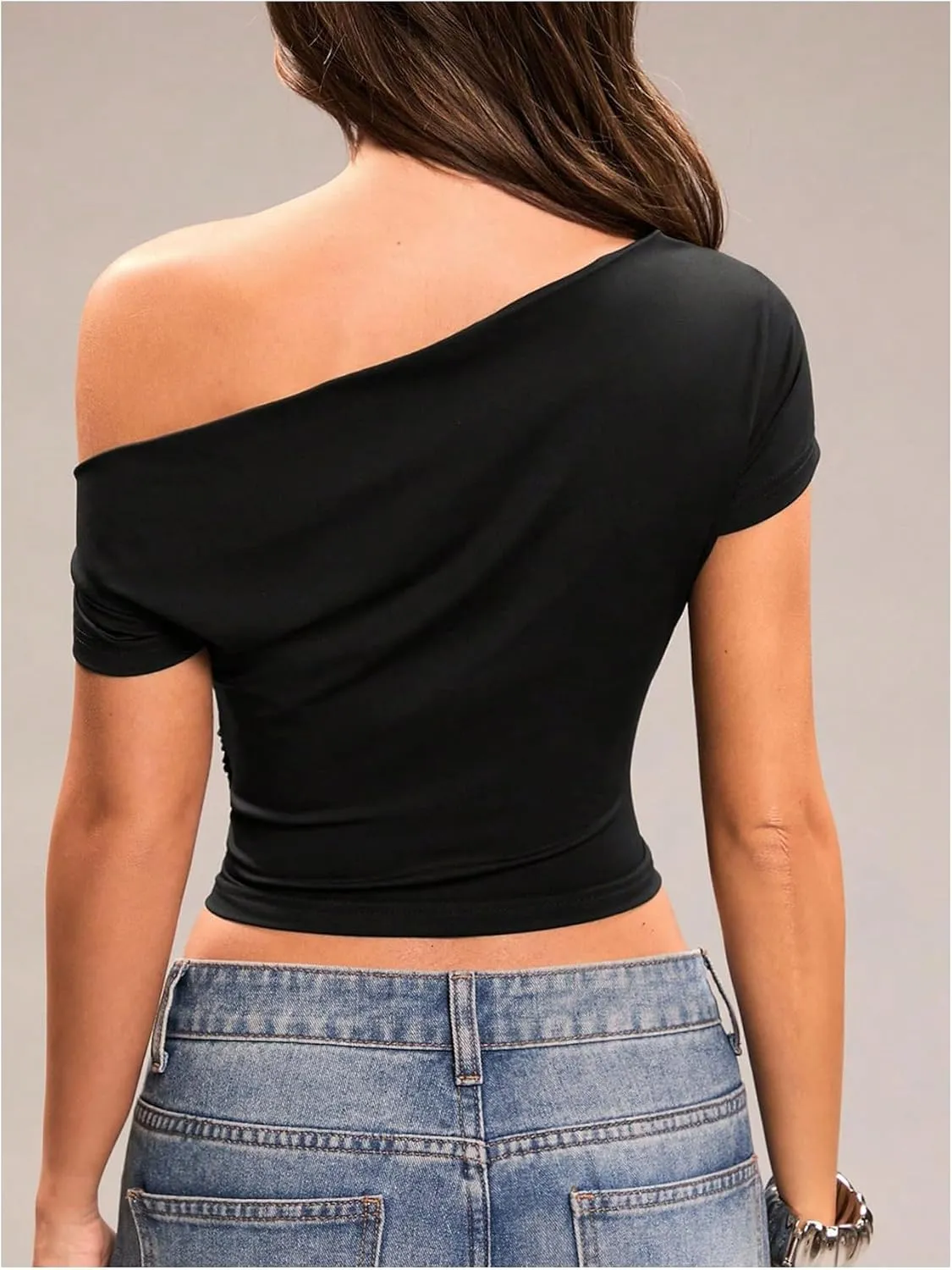 Milumia Women's Short Sleeve One Off The Shoulder Crop Tank Top Ruched Going Out Y2k Tight Fitted Shirts